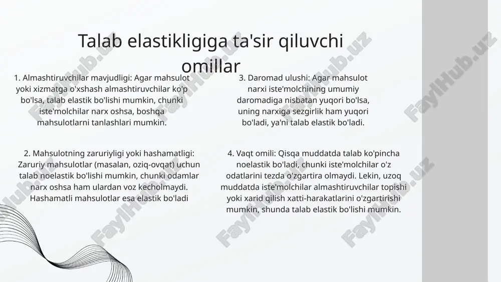 tan taklif elastikligi (price elasticity of supply): narxning o'zgarishiga nisbatan mahsulot taklifining o'zgarishini o'lchaydi. bu eng keng tarqalgan va iqtisodiy tahlil uchun asosiy ko'rsatkichdir. 2. qisqa muddatli va uzoq muddatli taklif elastikligi: qisqa muddatda ishlab chiqaruvchilar mavjud ishlab chiqarish quvvatlariga bog'liq bo'lganlari uchun taklif kam elastik bo'lishi mumkin. uzoq muddatda esa ular yangi ishlab chiqarish quvvatlarini qurish va resurslar topish orqali taklifni oshirishi mumkin, shuning uchun uzoq muddatli taklif elastik bo'ladi. taklif elastikligining amaliy ahamiyati 1. narx tahlili va prognozi: bozor narxlarini prognoz qilishda taklif elastikligi muhim rol o'ynaydi. agar taklif elastik bo'lsa, narxlar o'zgarganda bozorga ko'proq yoki kamroq mahsulot keladi va bu narxni barqaror saqlashga yordam beradi. 2. iqtisodiy siyosat: davlatlar soliq va subsidiya siyosatini ishlab chiqaruvchilarga nisbatan ishlab chiqishda taklif elastikligini hisobga oladi. masalan, subsidiyalar ishlab chiqarishni kengaytirishga rag'batlantirishi va taklifni oshirishi mumkin. 3. ishlab chiqaruvchilar strategiyasi: kompaniyalar taklif elastikligini tahlil qilib, narx oshishi yoki tushishi mumkin bo'lgan …