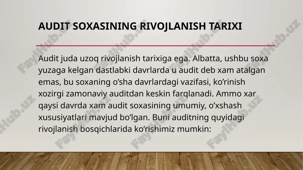 qasamiyod qilgan diplomli buxgalterlar uyushmasi (acca) xisoblansa, aqshda amerika sertifikatlangan jamoat buxgalterlari instituti (aicpa) shu vazifani amalga oshiradi. boshqa mamlakatlarda audit germaniyada audit soxasini tartibga soluvchi tashkilot 1932 yilda tashkil etilgan germaniya auditorlar instituti xisoblanadi. xozirgi kunda bu tashkilotning a’zolari 6000 dan ortiq. fransiyada audit tekshiruvi bilan shug’ullanuvchi ikki asosiy tashkilot mavjud. birinchisi ekspert – buxgalterlar palatasi bo’lsa, ikkinchisi schyotlar bo’yicha komissarlarning milliy kompaniyasidir. xitoy xalq respublikasida zamonaviy auditning asoslari 1983 yilda xitoy auditorlik ma’muriyati tuzilishi va shu yilda birinchi auditorlik firmalarining tashkil topishi bilan yaratildi. mdh davlatlarida audit audit sohasi mdx davlatlari, shu jumladan o’zbekiston respublikasiga 1990 yillarda kirib kela boshladi. moliyaviy nazorat moliyaviy nazorat - bu tashkilotlar va davlat organlari tomonidan moliyaviy resurslarning to'g'ri va samarali ishlatilishini ta'minlash uchun amalga oshiriladigan jarayon. bu jarayon moliyaviy hisobotlarni tekshirish, byudjetlarni nazorat qilish, moliyaviy ko'rsatkichlarni tahlil qilish va moliyaviy qoidabuzarliklarni aniqlashni o'z ichiga oladi. moliyaviy nazoratning asosiy maqsadi moliyaviy resurslarning noto'g'ri …