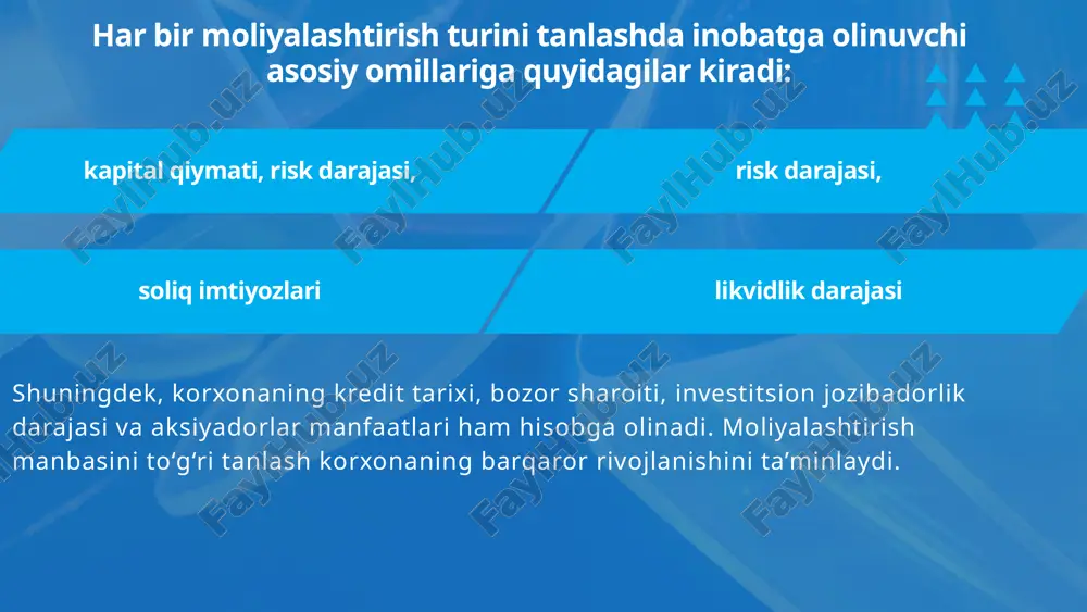 ularning afzalliklari studio showde imtiyozli aksiyalar qaytariladigan, qaytarilmaydigan, yig‘iluvchi va konvertatsiya qilinadigan turlarga bo‘linadi. ularning afzalliklari — barqaror daromad, xavfning pastligi va korxona uchun kapitalni arzonroq jalb etish imkoniyatidir. ularning asosiy kamchiligi — aksiyadorlar boshqaruvda to‘liq ishtirok eta olmasliklari. obligatsiyalar va qarz majburiyatlari obligatsiyalar — bu korxona yoki davlat tomonidan chiqariladigan qarz majburiyatlarini ifodalovchi qimmatli qog‘ozlardir. ular investor tomonidan korxonaga berilgan qarz sifatida qaraladi va belgilangan muddatda foiz to‘lovlari bilan qaytariladi. obligatsiyalar orqali jalb qilingan mablag‘lar korxonaning kapital xarajatlarini moliyalashtirishda ishlatiladi. uzoq muddatli obligatsiyalar korxonaga foiz stavkalari barqaror sharoitda uzoq muddatli resurslarni ta’minlaydi. xulosa uzoq muddatli moliyalashtirish korxonaning barqaror rivojlanishini ta’minlovchi muhim omildir. mablag‘ manbalarini to‘g‘ri tanlash kapital qiymatini kamaytirish, risklarni boshqarish va moliyaviy mustaqillikka erishishga xizmat qiladi. xususiy kapital, imtiyozli aksiyalar hamda obligatsiyalarni oqilona uyg‘unlashtirish korxonaning investitsion salohiyatini oshiradi. shunday qilib, samarali moliyalashtirish strategiyasi korxonaning raqobatbardoshligini mustahkamlashning asosiy garovidir. thank you for your attention image1.png image9.svg image2.png image11.svg image3.png …