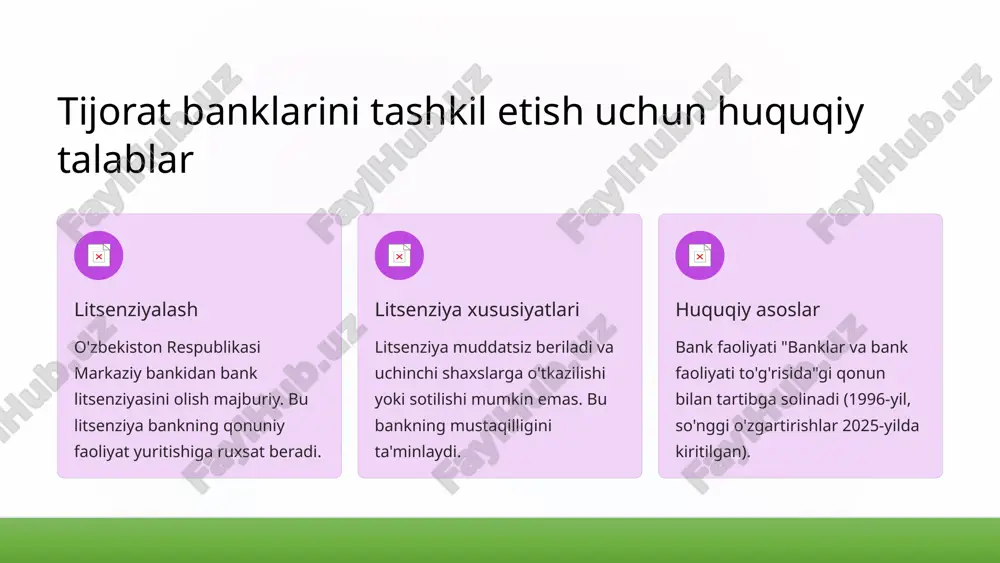 8 o'zbekiston tijorat banklari tarixi va rivojlanish yo'li 1 1990-yillar mustaqillik bilan birga milliy bank tizimi asoslari shakllantirildi. tijorat banklari tashkil etila boshlandi. 2 2000-yillar ipoteka va iste'mol kreditlari tizimi joriy etildi. bank xizmatlari kengaydi, texnologiyalar yangilandi. 3 2010-2020 zamonaviy bank texnologiyalari, mobil banking va plastik kartalar keng tarqaldi. xalqaro standartlar joriy qilindi. 4 hozirgi davr raqamli bank xizmatlari, fintech integratsiyasi va xalqaro miqyosda hamkorlik rivojlanmoqda. banklar iqtisodiyotda naqd pul muomalasini mustahkamlash, kreditlashni kengaytirish va investitsiyalarni safarbar etishda yetakchi o'rinni egallaydi. 9 xulosa: tijorat banklarini tashkil etishning muhimligi va istiqbollari moliyaviy vositachilik tijorat banklari milliy iqtisodiyotni moliyaviy resurslar bilan ta'minlashda, jamg'armalarni investitsiyalarga aylantirishda asosiy vositachilar vazifasini bajaradi. huquqiy barqarorlik mustahkam huquqiy asoslar bank faoliyatining barqarorligi, shaffofligi va ishonchliligini kafolatlaydi. bu iqtisodiy xavfsizlikning muhim tamoyilidir. innovatsiya va takomillashtirish rivojlanayotgan iqtisodiyotda bank tizimini yanada takomillashtirish, raqamli texnologiyalar va innovatsiyalarni joriy etish davr talabi hisoblanadi. 10 image1.png image2.png image3.png image4.png image5.png image-3-2.svg image-3-4.svg …