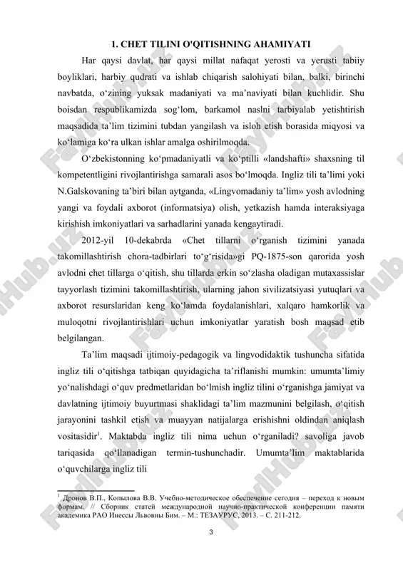 liz tilida nutq faoliyat turlaridan egallanishi lozim bo‘lgan bilim, malaka va ko‘nikma darajalari; d) davlat va jamiyat talabidan, ya’ni ijtimoiy buyurtmadan kelib chiqib, o‘quvchilarning ingliz tilidan bilim, malaka va ko‘nikmalariga qo‘yiladigan dasturiy talablar haqidagi ma’lumotlar asosida aniqlanadi. sub’yektiv ehtiyoj o‘quvchilarning: a) ingliz tili va madaniyatiga munosabatlari; b) ingliz tili o‘rganish usulari va strategiyalari; d) qaysi nutq faoliyat turlari (gapirish, tinglab tushunish, o‘qish va yozuv)ni egallashga qiziqishlari haqidagi ma’lumotlar asosida tahlil etiladi. ob’yektiv va sub’yektiv ehtiyojlar haqidagi tahliliy ma’lumotlar asosida ta’lim maqsadlari aniqlanadi. ta’lim maqsadlarini aniqlashda o‘rganuvchilarning kommunikativ ehtiyojlariga ustuvor ahamiyat qaratish zarur. maqsad – ta’limda umumiy yo‘nalish bo‘lib, muayyan vazifa(lar)ni hal etish rejasidir. maqsad deganda, ingliz tili va uning sohibi madaniyatini o‘rgatish va o‘rganishning ongli tarzda rejalashtirilgan natijasi ko‘zda tutiladi. ta’lim maqsadlari ijtimoiy buyurtma – topshiriq bo‘lib, har tomonlama rivojlangan shaxsni shakllantirish va tarbiyalashga qaratiladi, u ta’lim mazmuni va unga muvofiq erishiladigan natijani belgilash orqali ingliz tili o‘qitish tizimini aniqlashtiradi. …
