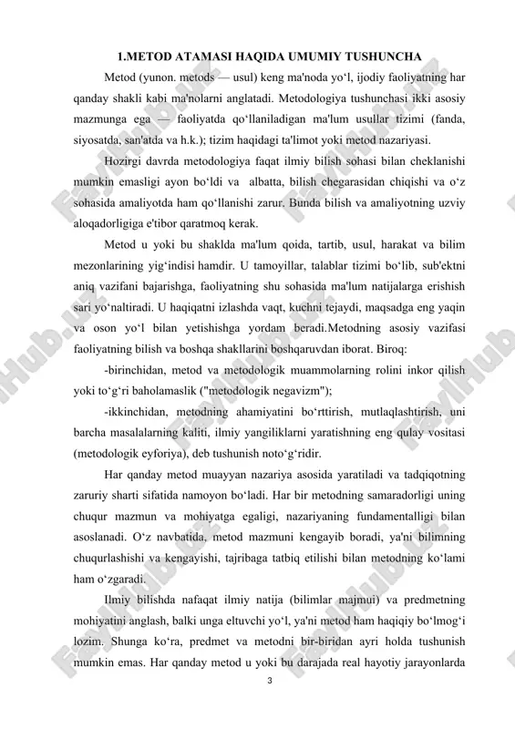 da namoyon bo‘ladi. metod metodikada konkretlashadi. metodika daliliy materiallarni yig‘ish va saralash vositasi, aniq faoliyat turidir. u metodologik tamoyillardan farq qilsada, ularga asoslanadi. metodlar xilma-xilligiga qarab, turli mezonlar asosida klassifikatsiya qilinadi. eng avvalo, ma'naviy, g‘oyaviy (shuningdek, ilmiy) moddiy va amaliy faoliyat metodlarini ajratmoq lozim. fan tarixida metodlar yangi nazariyalarni yaratish jarayonida shakllanadi. yangilik yaratish san'ati yangiliklar jarayonida kamol topadi. dastlabki tadqiqot tajribada shakllanar ekan, metod tadqiqotning boshlang‘ich nuqtasi, amaliyot bilan nazariyani bog‘lovchi vosita sifatida namoyon bo‘ladi. metod va nazariyaning uzviy aloqasi ilmiy qonunlarning metodologik rolida o‘z aksini topadi. har qanday fanga oid qonun insonni voqyeliqdagi narsa va hodisalarni shu fanga mansub sohaga mos fikrlashga undaydi. masalan, energiyaning saqlanish qonuni bir vaqtning o‘zida metodologik tamoyil bo‘lib, y oliy nerv faoliyatining reflektorlik nazariyasi, hayvonlar va inson axloqini tadqiq qilishning metodlaridan biri hamdir. ilmiy tadqiqot jarayoni tarixan ishlab chiqilgan metodlar asosida amalga oshiriladi. hyech kim hyech qachon haqiqatni yo‘qdan bor qila olgan emas. …