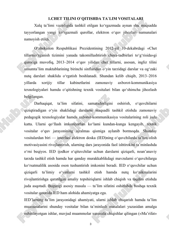 olimlar, mutaxassislar, umuman olganda barkamol rivojlangan shaxs, o’z ishining ustasi bo’lgan kasb – hunar egalari, yetuk kadrlar tayyorlash “ta’lim to’g’risidagi qonun” va “kadrlar tayyorlash milliy dasturi” da belgilab berilgan. shu sababli ham avvalo o’tmishda allomalar qoldirgan ijodiy meroslari, mamlakatimiz, shuningdek, jahon ilm – fanining zamonaviy yutuqlaridan bahramand bo’lish, davr talabidir. bunga esa fagatgina chet tillarini mukammal bilish, tilga oid barcha qonun qoidalari boyicha bilim egallash zarur bo’ladi. shu maqsadda chet tillarini o’rganishning yanada samarali yo’llarini izlash, turli o’qitish uslublarini yaratish olimlarimiz, izlanuvchi o’qituvchilarimiz oldida turgan dolzarb vazifadir. [footnoteref:1] bu kurs ishida oliy o’quv yurtlari va akademik litsey hamda kasb – hunar kollejlari talabalariga chet tillarini o’qitishning samarasini oshirishga yordam beruvchi qo’shimcha vosita va usullardan foydalanishning pedagogik jihatlari yoritilgan. ushbu metodik qo’llanmadan barcha ta’lim yo’nalishlari bo’yicha bilim olayotgan talabalar, aspirantlar, yosh o’qituvchilar, shuningdek, barcha turdagi kitobxonlar foydalanishlari mumkin. til o’rganishda internet imkoniyatlari [1: http://uz.infocom.uz/2013/05/06/chet-tillarni-orgatishda-komakchi-vositalar/ ] chet tili o’qituvchisi didaktik materiallarni yaratish …