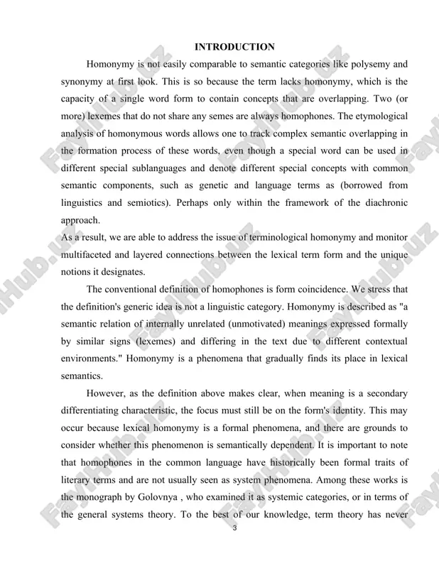 students and researchers in future. the course paper includes introduction, 2 chapters, conclusion and list of references. the main part includes 2 chapters which include main information related to the title. the first chapter is devoted to describe the phenomenon of homonymy in linguistics. the second chapter is aimed to reveal the ways of sorting them in groups according to their origins. plus, this part of course paper also describes the changes in the formation of homonyms. chapter i. general characteristics of homonymy 1.1.study of homonymy phenomenon even though homonyms have been investigated by many scientists throughout a range of time periods, little attention has been paid to the question of how they develop, their efficacy in various contexts, or their lexicographic interpretation and underlying principles. their individual elements have not received enough theoretical justification from a scientific-theoretical perspective. this establishes the necessity for this topic's investigation. a word can …