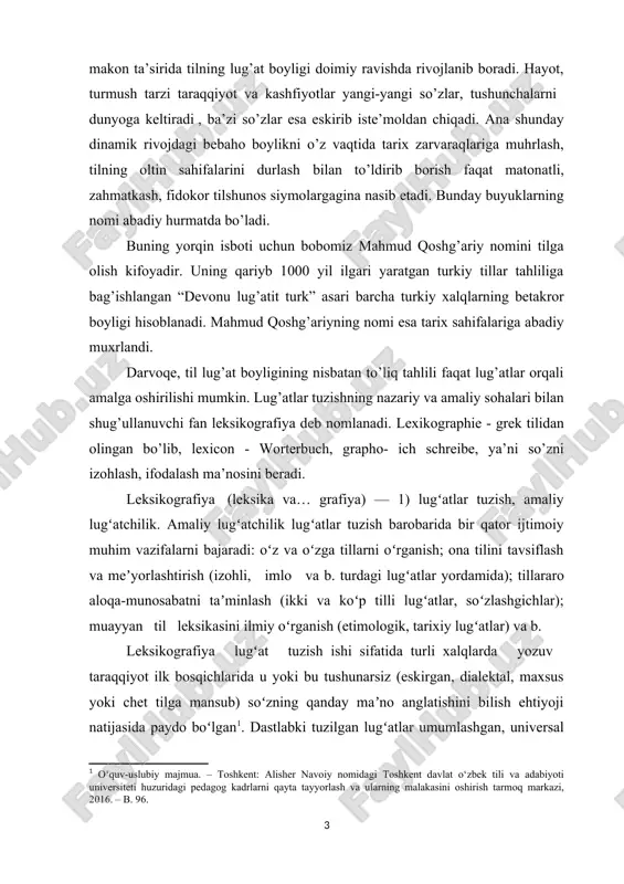 elurnoma», « sulaymon buxoriyning «lugʻati chigʻatoiy va turki usmoniy» («chigʻatoycha-turkcha lugʻat»), isʼhoqxon ibratning «lugʻati sitta as-sina» («olti tilli lugʻat») kabi lugʻatlarini koʻrsatish mumkin. 19-a. oxiri va 20-a. 1-choragida turli xil sabab va ehtiyojlar, davr taqozosi bilan turkistonda ikki tilli leksikografiya rivoj topdi, oʻnlab ruscha-oʻzbekcha, oʻzbekcha-ruscha lugʻatlar, soʻzlashgichlar tuzilib nashr etildi. vm. nalivkin va m. na-livkinalarning 1884—1912-y. lar mobaynida bir necha marta nashr etilgan «russko-sartovskiy i sartovsko-russkiy slovar» («ruscha-sartcha va sart-charuscha lugʻat»), ashurali zohiriy tomonidan 1927-y. da tuzilib, nashr ettirilgan 2 jildli «ruscha-oʻzbekcha mukammal lugʻat» keyingi davrlarda oʻzbekistonda yaratilgan ikki tilli lugʻatlar uchun asos boʻldi. hozirgi kungacha 10 ga yaqin xorijiy til bilan oʻzbekchani qiyoslovchi koʻplab tarjima lugʻatlari, fan sohalariga oid 100 dan ziyod bir, ikki va uch tilli terminologik lugʻatlar yaratildi. oʻzbek xalqi tarixida birinchi marta «oʻzbek tilining izohli lugʻati» tuzilib, nashr etildi (1981). 20-asr oʻzbek lugʻatchiligi rivojiga a. zohiriy, a. qodiriy, ye. d. polivanov, a. k. borovkov, v. v. …