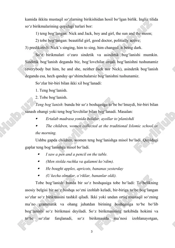 kmasini qo‘shma so‘zdan farqlash kerak. ular quyidagilar: 1. so‘z birikmasi tarkibidagi so‘zlar o‘zaro ma’no mustaqilligini saqlaydi, qo‘shma so‘z qismlari esa ma’no mustaqilligini yo‘qotgan bo‘ladi. qiyoslaganda esa, so‘z birikmasining tarkibidagi so‘zlarni o‘zaro almashtirish mumkin, iborada bunday bo‘lmaydi: · children’s book-the book of children; · the father’s coat-the coat of the father; · the boy’s bag-the bag of the boy; so‘z birikma va ibora quyidagicha farqlanadi. so‘z birikmasi tarkibidagi so‘zlar o‘zaro erkin bog‘langan bo‘lib, kamida ikkita tushunchani bildiradi. ibora tarkibidagi so‘zlar esa bir tushunchanigina ifodalash uchun birlashib, yaxlitlanib qolgan. 2. ibora ma’no jihatdan bir so‘zga teng, ajralmas holatga kelib qolgan birliklar. shuning uchun uni lug‘atlarda so‘zlar qatorida berish mumkin. uning tarkibidagi so‘zlarning hokim yoki tobe birliklarga ajratish mumkin emas. qiyoslaymiz: a red pen so‘z birikmasi (aniqlovchi-aniqlanmish), good byeibora. so‘z birikmalari lug‘atlarda berilmaydi. 3. so‘z birikmasi tarkibidagi so‘zlarning o‘rnini almashtirish mumkin, iborada bunday qilib bo‘lmaydi: · my mother’s dress-the dress of my mother …