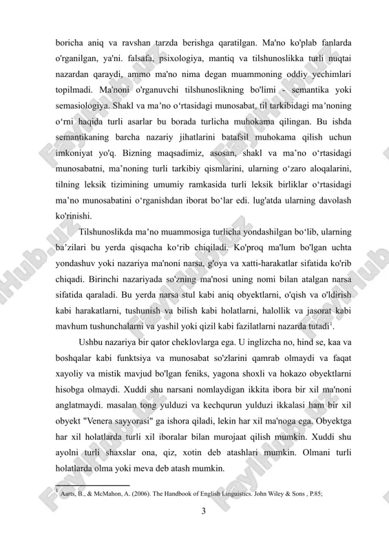 k, fazilat va xudojo'ylik kabi mavhum tushunchalarni ifodalovchi so'zlar haqida nima deyish mumkin? bu so'zlar turli odamlarda turli xil ruhiy tasvirlar bilan bog'liq bo'lishi mumkin. yo'q kabi grammatik so'zlar so'zlovchi-eshituvchida qanday qilib aqliy tasvirni keltirib chiqarmaydi. bu nazariya ham ko'p sonli tovush shakllari yoki ifodalarini qamrab ololmaydi. [2: bauer, l. (2002). an introduction to international varieties of english. edinburgh university press.-p.69; ] uchinchi nazariya, xulq-atvor yoki sabab nazariyasi, ma'no g'oyalar yoki aqliy suratlar bilan emas, balki tinglovchining so'zga qanday munosabatda bo'lishi bilan bog'liq, deb hisoblaydi. boshqacha qilib aytadigan bo'lsak, ifodaning ma'nosi - bu gapni keltirib chiqaradigan qo'zg'atuvchi va u tinglovchidan kelib chiqadigan javob. bu yana barcha ifodalarni hisobga olmaydi. hatto bema'ni ibora ham rag'batlantirishni keltirib chiqarishi va mazmunli javobni olishi mumkin. eshituvchi rag'batlantirishga bir nechta tarzda javob berishi mumkin va ularning barchasi ma'ruzachi tomonidan mo'ljallanganidan butunlay farq qilishi mumkin. ushbu nazariya yana ma'noning to'g'ri ma'nosini hisobga olish uchun yetarli emas. …