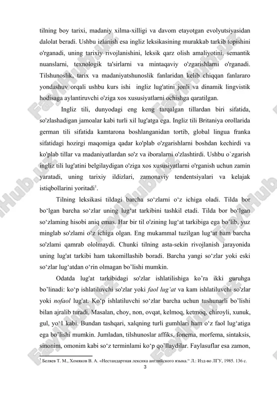 so‘zlar yangi so‘zlar bilan almashtirilib, kamroq ishlatilishi natijasida nofaol lug‘atga o‘tadi. masalan, bir vaqtlar faol lug‘atga mansub bo’lgan omoch, qozi, ellikboshi kabi so‘zlar keyingi paytda nofaol lug‘atga o‘tdi. aksincha, nofaol lug‘atdagi so'zlaming ishlatilishi faollashadi. masalan, jamiyat taraqqiyotida paydo bo’lib turadigan yangi so‘zlar dastlab nofaol lug‘atga kiradi. ulaming ma’lum qismi keyinchalik qo'llanish doirasi kengayib, hammaga tushunarli bo'lib, faol lug‘atga o‘tishi mumkin: traktor, gektar, invistitsiya va boshqalar. bu hol jamiyatning rivojlanish jarayonida kishilar nutq madaniyatining ham o‘sib borishi bilan bog'liq. faol va nofaol lug‘at tushunchalari chet tiliga o'rgatishda ko‘p qo’llanadi. leksikologiya tilning lug‘at tarkibini turli qatorlarga yoki guruhlaiga ajratib o‘rganadi. lug‘at tarkibini bunday tasnif qilishda ulaming tarixiy kelib chiqishi va ishlatilishiga e’tibor beriladi. jumladan, barcha kishilar tomonidan keng qo'llanuvchi so‘zlar alohida gumhni tashkil etadi. ular kundalik turmushda eng ko‘p ishlatiluvchi so‘zlardir. qo’llanishi ma’lum bir hudud bilan chegaralangan so'zlar dialektizmlar deb ataladi va ular ham alohida gumhni tashkil etadi. lug‘at tarkibidagi fan va …