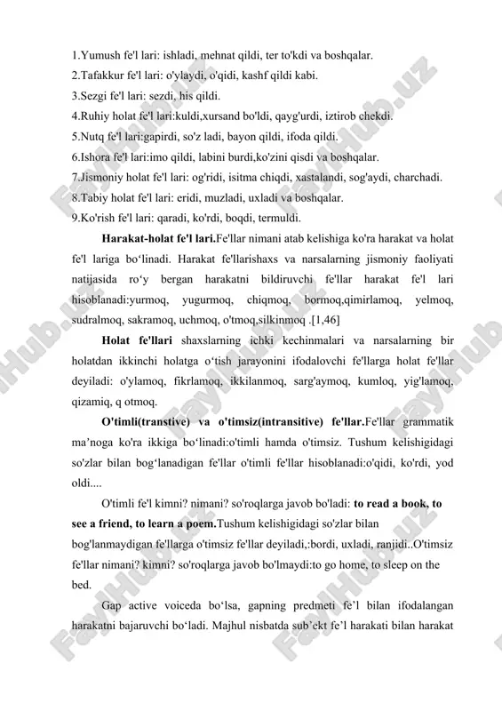 keladi - birinchi jumla jerrini mavzuga aylantiradi, ikkinchisi esa chiroqni mavzuga aylantiradi. majhul ovoz koʻpincha bogʻlovchi feʼl shaklini qoʻllashi bilan (masalan, was, had been) keyin oʻtgan zamon sifatdosh shaklida boshqa feʼl qoʻllanishi (masalan, “i have been given an opportunity”) bilan ajralib turadi. majhul nisbat ko'pincha zaif va qochqin ifoda shakli sifatida tanqid qilinadi. ammo bu harakatni kim amalga oshirganini emas, balki sodir bo'lganligi faktini ta'kidlamoqchi bo'lgan holatlar uchun foydalidir. bu harakatni bajaruvchisi (agent sifatida ham tanilgan) noma'lum bo'lgan hollarda ham foydalidir. active voice: the kids have cleaned the kitchen. passive voice: the kitchen has been cleaned. active voice: we found an old car in the woods. passive voice: an old car was found in the woods. aniq va majhul nisbatlar o'rtasidagi farqlar yangiliklarni tanqid qilishda muhokama qilinadigan mavzu sifatida paydo bo'ladi. masalan, ommaviy axborot vositalari jinoyatlar haqida xabar berganda, ular ko'pincha `person attacks man on elm street”. o'rniga passiv voiceni …