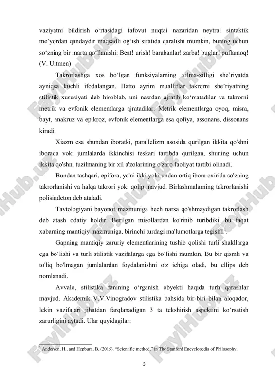 vositalaridan foydalanish mahorati haqida bahs yuritishdir. stilistika fani akademik v.vinogradov ko'rsatgan aspektlardan birinchi va ikkinchisi asosida shakllangan[footnoteref:2]. uchinchisi adabiyotshunoslikning obyektidir. aslini olganda, badiiy adabiyot stilistikasi uning bir ko‘rinishidir. bu tushunchaning alolida tur sifatida ko‘rsatilishiga sabab shundan iboratki, u boshqa nutq stillaridan anchagina farqli jihatlarga ega. badiiy adabiyot stili keng qamrovliligi, ya’ni barcha stillarni ham o‘zida ifodalashi bilan ajralib turadi. [2: culicover, p. 1997. principles and parameters: an introduction to syntactic theory. oxford, uk: oxford university press. ] demak, stilistika ikki xil ko‘rinishga ega: 1. nutq stilistikasi. bu tilning vazifadosh shaklari deb ham yuritiladi. bunga so‘zlashuv stili, rasmiy stil, ilmiy stil, publitsistik va badiiy stil kiradi. 2. lingvistik, ya’ni til stilistikasi. uning turlari: a) fonetik stilistika b) leksik stilistika d) grammatik stilistika. fonetik stilistika .asarni yozmadan og'zakigacha qayta kodlashda ma'lum chegaralarda uning tovushini talqin qilishda ba'zi farqlar bo'lishi mumkinligini inobatga olgan holda, o'zgaruvchanlikka imkon beruvchi fonetik vositalar deyiladi, bu esa semantik …