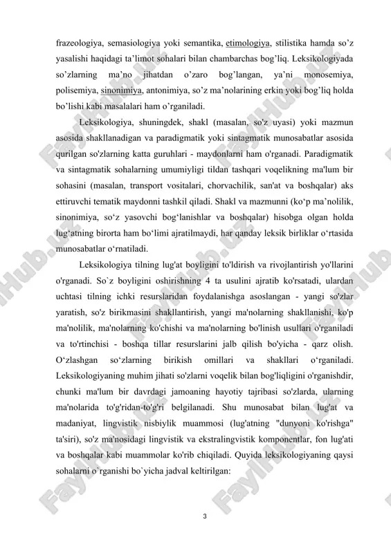 omlash uslubidagi o'zgarishlar) bo'lishi mumkin. lug'at tarkibidagi tizimli munosabatlarni hisobga olgan holda, so'zlar guruhini o'rganishda ikkala jihat bir vaqtning o'zida mavjud, chunki bitta so'zning ma'nosidagi o'zgarishlarni o'rganish guruh uchun umumiy tushunchaning evolyutsiyasini o'rganmasdan mumkin emas. qiyosiy leksikologiya tillarning irsiy munosabatini, ular oʻrtasidagi tarkibiy va semantik oʻxshashlik va farqlarni (munosabatlardan qatʼiy nazar) aniqlash yoki umumiy leksikologik (koʻpincha semantik) qoliplarni olish maqsadida lugʻatni oʻrganadi. harakat lug'atning har qanday jihatiga taalluqli bo'lishi mumkin. alohida so'zlarni solishtirish mumkin, lekin so'z turkumlarini (yoki maydonlarni) taqqoslash muhimroqdir, masalan, harakat fe'llari, qarindoshlik shartlari va boshqalar, bu belgilash sohasi (ob'ektiv voqelik) leksik bo'yicha turlicha bo'linishini ko'rsatadi. turli tillardagi vositalar, turli tillardagi so‘zlarning ma’nolarida predmetlarning qaysi tomonlari mustahkamlangan. qiyosiy leksikologiyada ikki tildagi keng leksikologik kategoriyalarning amal qilishini taqqoslash katta qiziqish uyg‘otadi: sinonimiya, antonimiya, polisemiya turlari, frazeologiya, umumiy va xususiy so‘zlarning ma’nosidagi korrelyatsiya, mantiqiy va emotsional va boshqalar[footnoteref:2]. qiyosiy leksikologiya tilshunoslikning amaliy bo'limlarida (leksikografiya, tarjima), shuningdek, etnografiyada keng qo'llaniladi. [2: …