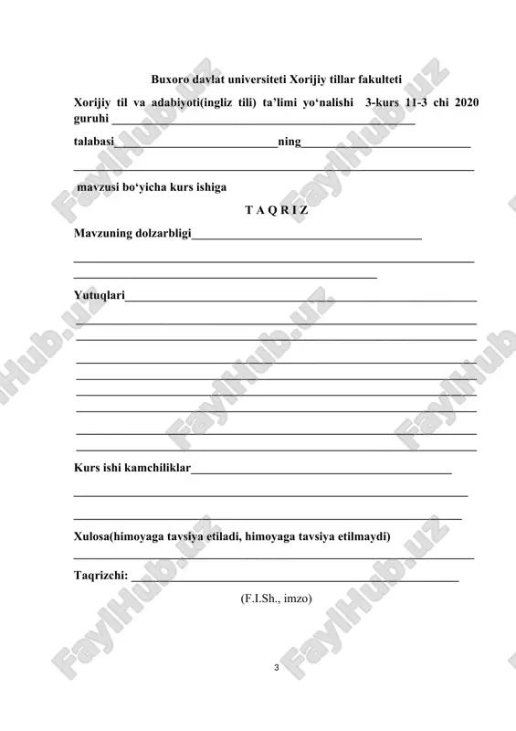 --------------------------------------------------------------26 foydalanilgan adabiyotlar ro’yxati-------------------------28 1.nutqini rivojlantirish metodikasining nazariy asoslari til – bu ijtimoiy hodisadir. o‘zbekiston respublikasi hududida yashayotgan har bir xalqning ona tili uning milliy o‘ziga xosligi va ma’naviy madaniyatining yorqin ko‘rsatkichidir. til tafakkur bilan monand bog‘langani holda ongni shakllantiradi. nutq va tafakkur o‘rtasidagi bog‘liqlik nafaqat psixologik jarayonlarning chuqur bosqichlarida, balki ijtimoiy hodisalar darajasida ham namoyon bo‘ladi. so‘zning insonga, uning xulq-atvoriga ko‘rsatadigan ta’siri barchaga yaxshi ma’lum. «garchi til bilan tafakkur bir-birisiz yashay olmasa ham ular o‘zida aynan bir hodisani ifodalamaydi. tafakkur– obyektiv borliqning intihosi, til esa– ifoda usuli, fikrni boshqa kishilarga berish va mustahkamlash vositasi. so‘z bilan tushuncha dialogik tarzda bir-birini taqozo etadi. hozirgi paytda mamlakatimizda tillar o‘rtasidagi o‘zaro munosabatlarda ikki tamoyil mavjud: bir tomondan, milliy tillarning yanada rivojlanishi va takomillashuvi, o‘zga tomondan esa – o‘zbek tilining davlat tili sifatidagi ahamiyatining oshishi ro‘y bermoqda. o‘zbekiston respublikasining mustaqillikka erishishi va yuzaga kelgan iqtisodiy ehtiyojlar mamlakatdagi ko‘p sonli aholining ona tili bo‘lgan …