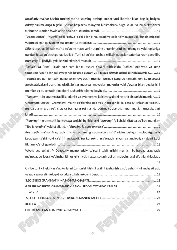 nchalar xam bo’ladi, ularga leksema, atom, kosmos, algoritm kabi atamalar kiradi. shu sababli atamalarga nisbatan yagona talab ularning ob‘ektiv bulishidir. ular doimo bir voqea yoki xodisani anglatishi zarur, ularda sub‘ektivizm ga o’rin yo’q atamalar sof tushunchalarni ifodalashi kerak. masalan, fonema, leksema, integral, kvant, elektron va boshqalar, ; tillarda faqat emokiyani (xayajonni) anglatadigan suzlar xam mavjud. masalan, ox., ux., voy va boshqalar. shunday qilib, so’zning moddiy qobigi tushunchaning ishorasi so’zning ma‘nosi esa tushunchaning shakllanish asosidir: tushuncha so’z yordamida va uning asosida paydo bo’ladi[footnoteref:2]. [2: x.kasares. vvedenie v sovremennuyu, leksikografiyu. m., 1958, s.83; g.matoré. histoire des dictionnaires franҫais. r., 1968, p.241.] so’zlarning leksik ma‘nosi to’grisida gap borganda, dastlab ularning tildagi ma‘nolari bilan nutqdagi ma‘nolarini farqlash zarur. yuqorida aytilganidek, so’zlarning ma‘nosi umumlashtirish xususiyatiga ega bo’lib, bu xususiyat tilga oid ma‘no yoki lug’aviy ma‘no deyiladi. so’zlarning aniq muayyan ma‘nolari faqat nutqda aniq bo’ladi. leksik ma‘no narsa va xodisalar munosabatiga ko’ra quyidagi turlarga ajralishi mumkin: …