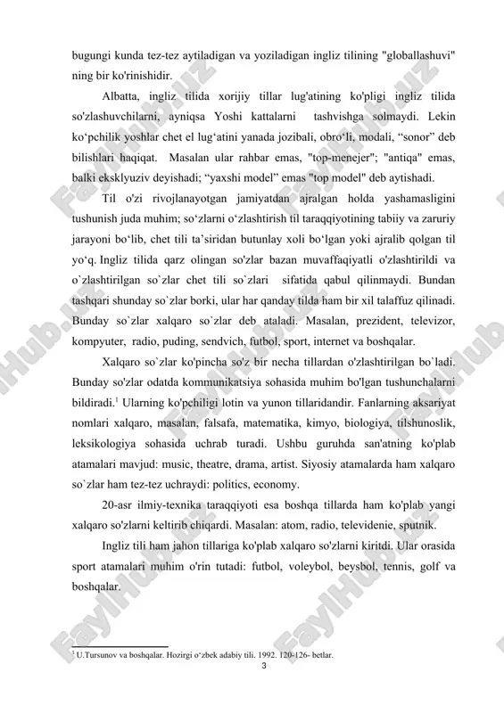 i terminologik tizimlarda, jumladan, fan, sanoat va san'at lug'atida ayniqsa muhim rol o'ynaydi[footnoteref:2]. ushbu lug'atning etimologik manbalari jahon madaniyati tarixini aks ettiradi. shunday qilib, masalan, insoniyatning italiyaga bo'lgan madaniy atamalari arxitektura, rasm va ayniqsa musiqa bilan bog'liq bo'lgan italyancha so'zlarning ko'pligida aks etadi. ular ko'pchilik yevropa tillariga o'zlashtirilgan: allegro, andante, ariya, arioso, barkarol, bariton (va boshqalar),kontsert, duet, opera (va musiqa qismlarining boshqa nomlari), pianino va hokazolar. 20-asrda texnologiya, siyosiy, ijtimoiy va badiiy hayotdagi o'zgarishlar tezligi va xalqaro so'zlarning o'sish sur'ati sezilarli darajada tezlashtirdi. xalqaro lug'atning ahamiyatini ko'rsatish uchun ilm-fan taraqqiyoti tufayli nisbatan yangi so'zlarning bir nechta misollari kifoya qiladi: algoritm, antenna, antibiotik, avtomatlashtirish, bionika, kibernetika, entropiya, gen, genetik kod, grafik, mikroelektronika, mikrominiatizatsiya, kvant, kvazarlar, pulsarlar, ribosomalar va boshqalar. bularning barchasi ingliz, fransuz, rus va boshqa bir qancha tillarda yetarli darajada o'xshashlikni ko'rsatadi. [2: lipka, l. english lexicology: lexical structure, word semantics and word-formation [electronic resourse]. – 2nd ed. – tübingen: …