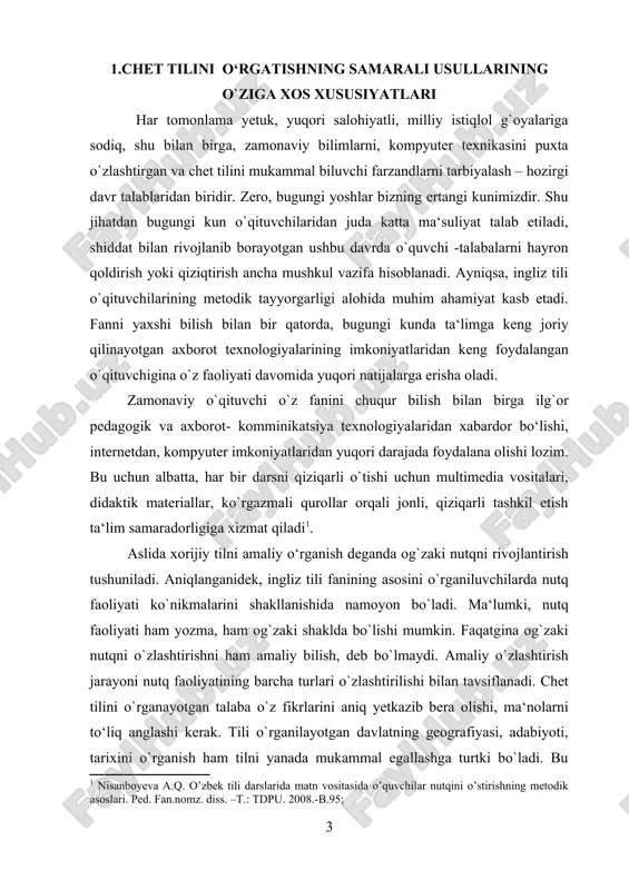 ga solishtirganda muhimroq. aynan leksika fikrni to`g`ridan-to`g`ri ifodalaydi. leksika, ya‘ni so`zni tasavvur qilish imkonini beradi[footnoteref:2]. mutaxassislar hisobiga ko`ra, hozirgi kunda ingliz tilida 500 000 dan ortiq so`z borligi esa talaba o`z lug`at boyligini tinimsiz oshirib borishi kerakligini ko`rsatadi. buning uchun darslarda og`zaki matnlar tinglanishi (listening), talabalar o`rtasida o`zaro dialoglar, suhbatlar (speaking) tashkil etilishi ingliz tili darslarining mazmunli va samarali bo`lishiga yordam beradi. [2: salisheva z.i. o’zbek tili mashg’ulotlarida talabalar monologik nutqini rivojlantirish metodikasini takomillashtirish. ped.fan.nom. …diss.avtoref. –t., 2019.-b.45.;] qo`shimcha qilib aytish mumkinki, ta‘limni zamonaviy innovatsion texnologiyalar asosida tashkil qilish, ta‘lim samaradorligiga erishishda asosiy vosita vazifasini bajaradi. shundan kelib chiqqan holda, ta‘limni zamonaviy innavatsion texnologiyalar asosida tashkil qilish deganda, zamonaviy ta‘lim samaradorligi talab va maqsadiga erishishning o`ziga xos shart-sharoitlari hamda shaxsning mustaqil ijodiy izlanuvchanlik faoliyatini takomilashtirishga qaratilgan pedagogik jarayonlar natijasiga aytiladi. bu esa talabadagi nutq faoliyati va mustaqil fikr yuritishni rivojlantirishga samarali ta‘sir qiladi. innovatsion texnologiyalar asosida chet tillarni o`qitish talabalarga …