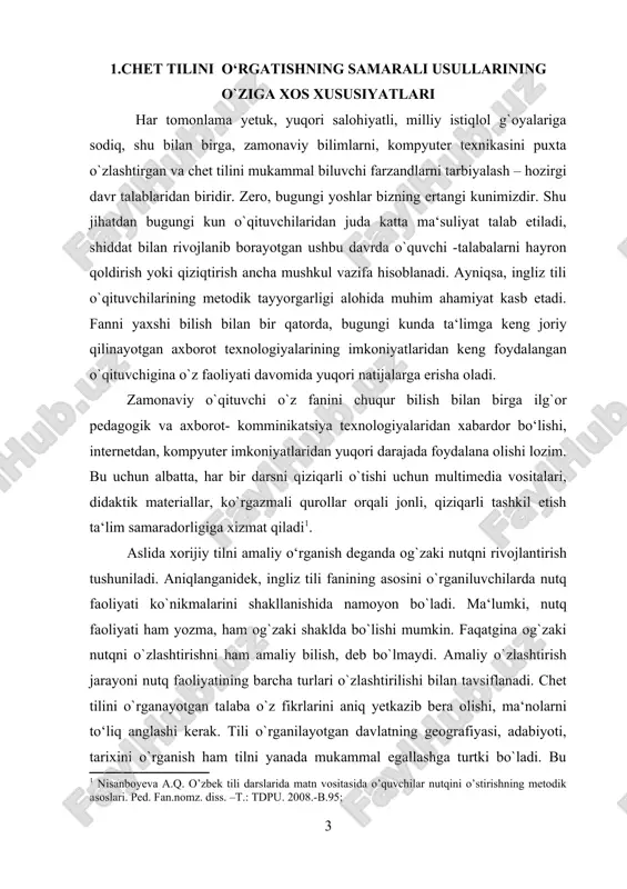 liz tilida 500 000 dan ortiq so`z borligi esa talaba o`z lug`at boyligini tinimsiz oshirib borishi kerakligini ko`rsatadi. buning uchun darslarda og`zaki matnlar tinglanishi (listening), talabalar o`rtasida o`zaro dialoglar, suhbatlar (speaking) tashkil etilishi ingliz tili darslarining mazmunli va samarali bo`lishiga yordam beradi. qo`shimcha qilib aytish mumkinki, ta‘limni zamonaviy innovatsion texnologiyalar asosida tashkil qilish, ta‘lim samaradorligiga erishishda asosiy vosita vazifasini bajaradi. shundan kelib chiqqan holda, ta‘limni zamonaviy innavatsion texnologiyalar asosida tashkil qilish deganda, zamonaviy ta‘lim samaradorligi talab va maqsadiga erishishning o`ziga xos shart-sharoitlari hamda shaxsning mustaqil ijodiy izlanuvchanlik faoliyatini takomilashtirishga qaratilgan pedagogik jarayonlar natijasiga aytiladi. bu esa talabadagi nutq faoliyati va mustaqil fikr yuritishni rivojlantirishga samarali ta‘sir qiladi. innovatsion texnologiyalar asosida chet tillarni o`qitish talabalarga ularning kasbiy faoliyatlarini shakllanishida katta yordam beradi. talabalar chet tillarni, shu jumladan ingliz, nemis, fransuz tillarini o`z mutaxassisliklari bilan chambarchas bog`liq holda turli xil toefl, ielts, english for all kabi dasturlar, internet aloqasi orqali o`rganishlari mumkin. …