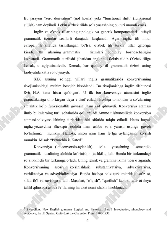 tahlil qilsak, ushbu gapda mard so`zi ot so`z turkumi vazifasida keltirilgan. ammo “mard” so`zi morfologik jihatdan aniqki, sifat so`z turkumi hisoblanadi. otga ko„chgan o`rnida “odam” ma`nosini anglatib kelmoqda. bu holatlarni sifatdoshlarda ham kuzatilishi mumkin. misol uchun: o`qigan o`zar. bu gapda ham “o`qigan” so`zi ot vazifasida keltirilgan. biroq bu so`z sifatdoshga mansub so`z. [2: hamroyeva l.z., “ingliz tilida fe`llarning konversiya usulida yasalishi”, ucheniy xxi veka, 2022, 3(84) ] ingliz tilida esa fe`ldan ot yasash yoki otdan fe`l yasash mumkin. misol uchun: a book (n)-kitob, book(v)-buyurtma qilmoq; face (n)-yuz, to face (v)-duch kelmoq. ushbu misollar orqali so`z o`zagida hech qanday o`zgarish kuzatilmasdan, boshqa kategoriyaga ko`chayotganligini kuzatish mumkin. bu turdagi so`zlar bir vaqtning o`zida ham ot ham fe`l so`z turkumida ishlatilishi mumkin. bundan tashqari sifatdan ham fe`l yasalishi mumkin. masalan, dry-quruq (sifat), to dry- quritmoq, qurimoq (fe`l); slow-sekin (sifat), to slow-sekinlashtirmoq (fe`l); open-ochiq (sifat), to open-ochmoq (fe`l). qadimgi ingliz tili grammatikasida konversiya usulida …