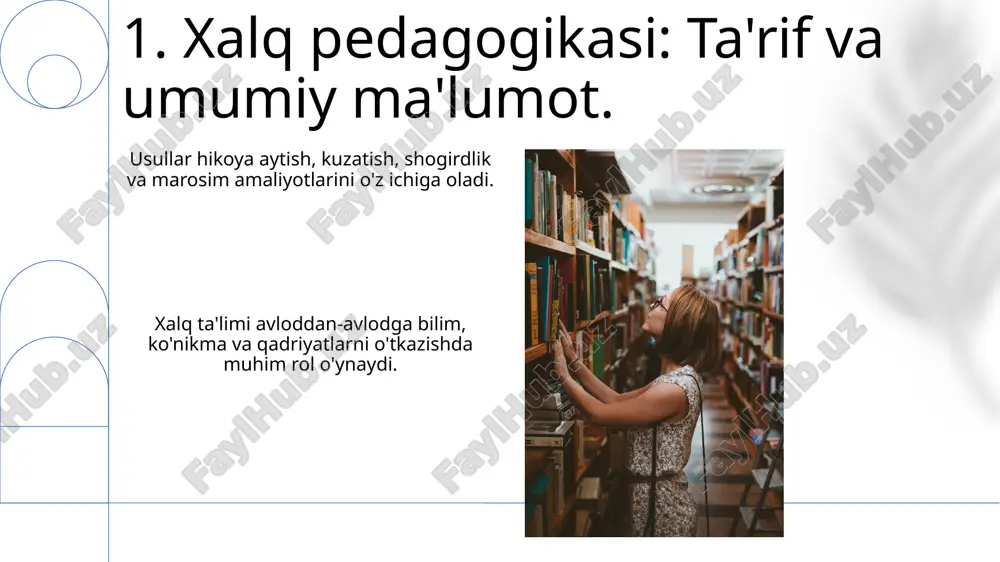 soslangan bo'lib, bilimni avloddan avlodga o'tkazadi. xalq ta'limi madaniyatni saqlash va an'anaviy hunarlarni kelajak avlodlarga etkazishda muhim rol o'ynaydi. 14.shogirdlik va ustozlik xalq pedagogikasida avlod almashinuvi: katta avloddan yosh avlodga ko'nikmalar, urf-odatlar va qadriyatlarni o'tkazish, madaniy davomiyligini ta'minlash. shogirdlik va ustalik: jamiyat ichida to'g'ridan-to'g'ri kuzatish, mashq qilish va ustozlik orqali o'rganish. 15.zamonaviylashtirishning xalq pedagogikasi ustida ta'siri xalq pedagogikasi bilimlarni va ko'nikmalarni o'tkazish uchun hikoya aytish, kuzatish va amaliy o'qitishdan foydalanadi. zamonaviylashtirish an'anaviy xalq pedagogikasini yangi texnologiyalar va bilim tizimlarini joriy etish orqali buzadi. 16.globallashgan dunyoda xalq ta'limi kelajagi xalq pedagogikasida ta'lim usullari: xalq madaniyatida turli xil o'qitish texnikasi, hikoya qilish, kuzatish, amaliy mashg'ulotlar va tajriba pedagogikasini o'rganish. xalq ta'limi va avlod almashinuvi: madaniy meros, qadriyatlar va ko'nikmalarni avloddan avlodga o'tkazishda xalq ta'limining rolini tahlil qilish, davomiyligini va moslashishini ta'minlash. 17.xalq ta'limi avlodlararo xarakteri xalq pedagogikasi tajriba orqali o'rganish, hikoya aytib berish va jamoatchilik ishtirokini ta'kidlaydi. xalq ta'limi avloddan avlodga o'tib, …
