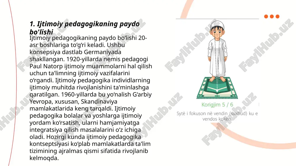 iyatlar, ma'naviy me'yorlar hamda milliy an'analarni singdiradi. tadqiqotlar ko'rsatadi-ki, oilaviy qo'llab-quvvatlash yetishmasligi bolalar orasida ijtimoiy muammolar, masalan, jinoyatchilik xavfini 40% oshiradi. shu sababli, oilaning barkamol, ma'naviy yetuk avlodni voyaga yetkazishdagi ijtimoiy-pedagogik roli juda muhimdir. ... t.me/slaydai_bot ijtimoiy pedagogika ta'lim tizimida muhim rol o'ynaydi. bu yo'nalish jamiyatdagi shaxslarning ijtimoiy moslashuvi va taraqqiyotini qo'llab-quvvatlashga qaratilgan. ijtimoiy pedagogik yondashuv orqali o'quvchilarni hayotiy ko'nikmalar bilan ta'minlash, ijtimoiy muammolarni hal qilish qobiliyatlarini rivojlantirish mumkin. ta'lim tizimida ijtimoiy pedagogikaning joriy etilishi bilan, o'quvchilarning ijtimoiy muhitga moslashuvi 30% ga yaxshilanishi mumkin. bundan tashqari, ijtimoiy pedagoglar orqali o'quvchilarning ruhiy salomatligini saqlash darajasi 25% ga oshadi. ijtimoiy pedagogikaning ahamiyati o'quvchilarning ma'naviy yetukligini oshirishda va ta'lim jarayonida ijtimoiy adolatni ta'minlashda katta ahamiyatga ega. bu yondashuv orqali ta'lim natijalari yanada barqaror bo'lishi mumkin. ... t.me/slaydai_bot 7. ijtimoiy pedagogikaning asosiy tamoyillari ijtimoiy pedagogikaning asosiy tamoyillari quyidagilardan iborat: 1) integratsiya va differentsiatsiya tamoyili: ta'limda turli ijtimoiy guruhlar ehtiyojlarini hisobga olish. 2) holistik yondashuv: …