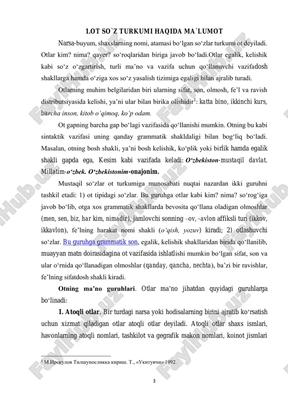 latuvchi onomastik birlikdir. 2. turdosh otlar bir jinsdagi otlarning umumiy nomini bildiruvchi otlardir. masalan, inson, daryo, shahar, kitob, daftar. turdosh otlar quyidagi ma’no guruhlarga mansubligi bilan o‘zaro farqlanadi. 3. aniq otlar bevosita narsa-buyum va shaxs, jon-zot anglatadigan otlardir. aniq otlar bevosita sanash va ko‘rish mumkin bo‘lgan otlar hisoblanadi. masalan: kitob, talaba, daraxt, qush. 4. mavhum otlar his qilish, sezish mumkin bo‘lgan otlardir. ular ham ko‘plik affikslari bilan qo‘llanmaydigan otlar bo‘lib, ularga ko‘plik qo‘shimchasi qo‘shilganda turlicha ma’no bo‘yog‘i yuzaga keladi. masalan: sevgi, sezgi, qayg‘u, alam, qadr, oriyat. 5. jamlovchi va yakka otlar. bir turdagi narsaning o‘zini ifodalaydigan otlar yakka otlar hisoblanadi: kitob, gul, daraxt kabi. birlik shaklida bo‘lib, bir xil turdagi narsaning to‘dasi, jamini ifodalaydigan otlar jamlovchi otlardir: xalq, armiya, ko‘pchilik, poda, jamoa, o‘rmon kabilar. https://hozir.org/orol-va-orol-boyi-muammolari-reja-orol-dengizining-qurish-saba.html https://hozir.org/turli-tillarda-soz-turkumlari.html 5 6. sanaladigan otlar, sanalmaydigan otlar. sanaladigan otlar, asosan, aniq otlardan tashkil topadi: daraxt, kitob, qalam. sanalmaydigan otlar modda otlari, og‘irlik, suyug‘lik o‘lchamiga xos …