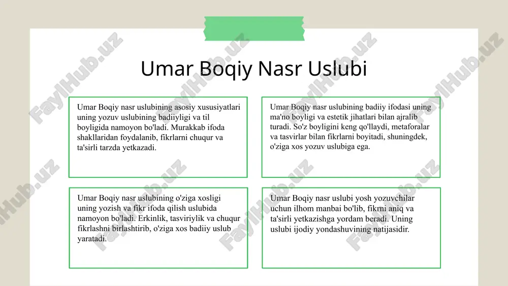 ubi murakkab va boy bo'lib, o'zbek nasriga katta ta'sir ko'rsatdi, bu esa adabiy va tilshunoslik sohasida o'rganish uchun muhim ahamiyat kasb etdi. umar boqiy ning uslubiy rivojlanishi o'zbek adabiyotining rivojlanishida muhim omil bo'lib, yangi yondashuvlar va badiiy uslublarni shakllantirdi. nasrda poetikaning ahamiyati poetika, nasrda badiiy ifoda uslubini va estetik qiyofalarni belgilovchi muhim prinsiplar to'plamidir. u yozuvchilarga asar yaratishda yo'nalish va yo'nalmaning aniq tasvirini beradi. nasrda poetika, asarning mazmuni va uslubini shakllantirishda muhim rol o'ynaydi. poetikaning nasrga ta'siri uning estetik va badiiy ifoda uslubida namoyon bo'ladi. masalan, figurativ til, ramzlar, va stilistik uslublar orqali yozuvchi o'quvchiga chuqur ma'nolarni etkazadi. bu esa, asarning ta'sirchanligini oshiradi va ona tilining boyligini namoyon etadi. poetika yordamida yozuvchi o'z asarining ijodiy xususiyatlarini rivojlantiradi. u yozuvchiga mavzuni kengroq ifodalash, emotsiyalarni chuqurroq ko'rsatish va badiiy tasvirlarni yaratishda yordam beradi. shu bilan birga, poetika nazariyasi yozuvchilarga yangi ijodiy imkoniyatlar va uslublar ochadi. poetika va badiiy asar o'rtasidagi bog'lanish muhimdir. …