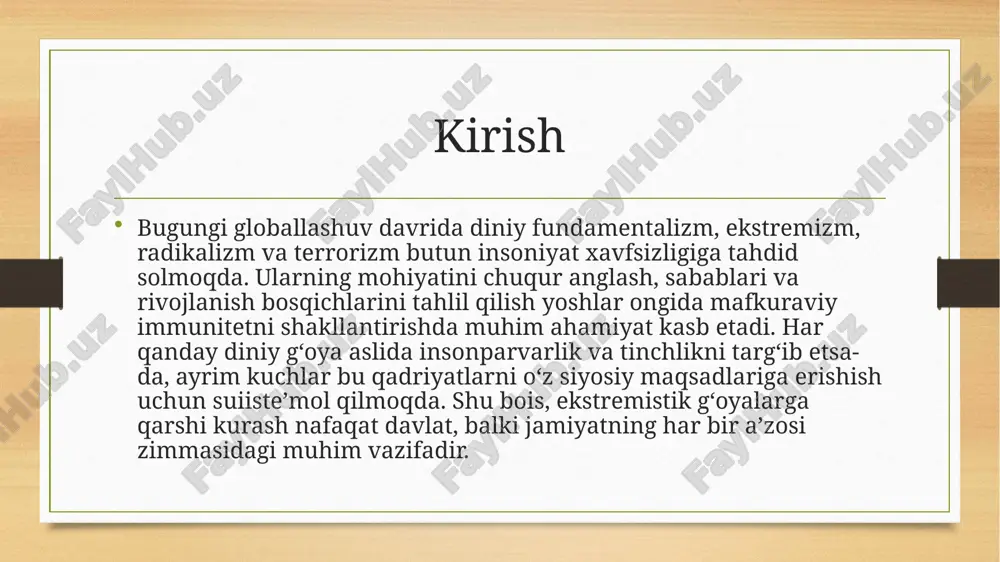 kstremistlar o‘z e’tiqodlarini yagona to‘g‘ri yo‘l deb bilib, boshqa fikrda bo‘lganlarni dushman sifatida ko‘radilar. ularning maqsadi jamiyatda diniy tamoyillarni majburan o‘rnatish, siyosiy hokimiyatni diniy shiorlar bilan egallashdir.ekstremizm faqat dinga emas, balki siyosiy va ijtimoiy tizimga ham zarar yetkazadi. u jamiyatda beqarorlik, adovat, dushmanlik va bo‘linishni keltirib chiqaradi. diniy ekstremizmning ildizlari chuqur bo‘lib, u ko‘pincha siyosiy, iqtisodiy va ma’naviy inqirozlar paytida kuchayadi. tarixan diniy ekstremizmning ilk ko‘rinishlari o‘rta asrlarda paydo bo‘lgan. nasroniy dunyosida inkvizitsiya harakatlari, musulmon olamida esa xavorijlar oqimi ekstremistik g‘oyalar asosida harakat qilgan. ular o‘z qarashlariga qo‘shilmaganlarni dindan chiqqan deb e’lon qilib, ularga qarshi kurashganlar. xx asrda diniy ekstremizm yangi bosqichga ko‘tarildi. 1970–1980-yillarda afg‘onistonda bo‘lgan urush, 1979-yilgi eron islom inqilobi, yaqin sharqdagi siyosiy ziddiyatlar natijasida turli diniy radikal guruhlar shakllandi. “al-qoida”, “tolibon”, “boko haram” va “ishid (daish)” kabi tashkilotlar diniy shiorlar ostida terrorchilik harakatlarini amalga oshirib, butun dunyo xavfsizligiga tahdid solgan. “ishid (daish)” haqida “ishid” (iroq va shom islom …