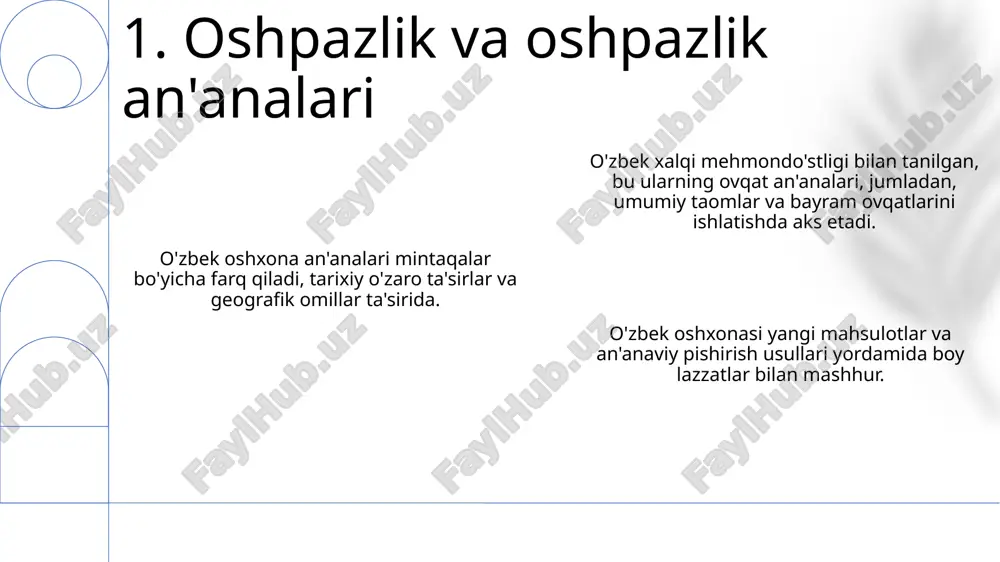alarni rivojlantirishga qaratilgan. o'zbek xalqi mehmondo'stligi, badiiy an'analari va kuchli milliy identifikatsiyasi bilan tanilgan. 11. hozirgi zamon o'zbek jamiyati keng oilalar keng tarqalgan, qarindosh-urug'lar bilan kuchli aloqalar mavjud. mehmondo'stlikka, katta yoshlilarga hurmat va jamiyatdagi uyg'unlikka urg'u berish. erkaklar bosh rol o'ynaydigan patriarxal tizim. 12. oila tuzulimi va ijtimoiy normalar kuchli oila aloqalari, an'analar va noyob badiiy ifodalar ularning o'ziga xos identifikatsiyasiga hissa qo'shadi. hozirgi o'zbek jamiyati globalizatsiya va modernizatsiyaga moslashish bilan birga an'anaviy qadriyatlarni saqlab qolishda qiyinchiliklarga duch kelmoqda. o'zbek xalqi boy va xilma-xil etnologiya bilan ajralib turadi, bu ularning tarixi, geografiyasi va madaniy o'zaro ta'siri natijasidir. 13. xulosa va xulosalar o'zbek kiyim-kechak va bezaklarining madaniy ahamiyati, tarixiy evolyutsiyasi va hunarmandchiligini o'rganuvchi etnologik tadqiqotlar markaziy osiyo an'analari va ta'sirlariga aloqadorlikni ochib beradi. o'zbek kiyimlarida bezaklar muhim rol o'ynaydi, zargarlik buyumlari, bosh kiyimlari va aksessuarlar ko'pincha ramziy ma'noga ega bo'lib, ijtimoiy mavqeni aks ettiradi. an'anaviy o'zbek kiyimlari yorqin ranglar, murakkab kashtalar …