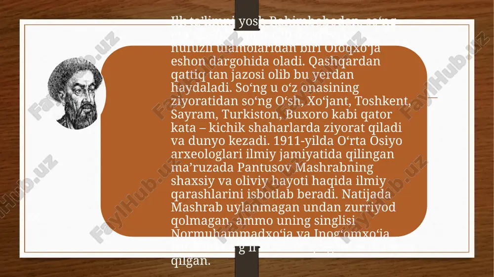 t ul-abror’’ lardagidek falsafiy-axloqiy yo‘nalish mazmunida hisoblanadi. 1. lirik she’rlar: g‘azallar, mustazodlar, murabba’lar. muxammaslar, musaddaslar, musabba’lar va bir musamman, bir masnaviy hamda ruboiy va fardlar. 2. “mabdai nur” (“nurlarning boshlanishi” yoxud “nurlar manbasi”). risola boborahim mashrabning pirlari hidoyatulla ofoqxojaning tepshiriqlari bilan yozilgan. 3. “kimyo” (qimmatbaho ma’dan) risolasi tarkibida 22 ta kimyo bo‘lib har bir kimyo alohida-alohida bo‘limlardan iboratdir. har bir kimyo uchun bir, ikki yoki undan ko‘proq hikoyat keltiriladi. 4. “qissayi vaysul-qaraniy” risolasi 180 bayt, 360 misralik masnaviydir. mutasavvif risolada shayx uvaysi qaraniy haqlarida, bul tabarruk zotning fazilat, xislat va karomatlari keltirilgan. 5. “qissayn me’rojnomayi rasuli akram” risolasi payg‘ambarimiz (s.a.v.) ning me’rojlari malakut olamiga chiqishlari, arsh, kursi, lavh, qalam, jannat do‘zax va boshqa ajoyibu g‘aroyibotlarni ko‘rishlari, alloh bilan so‘zlashishlari va yana qaytib kelishlariga ishonmaslik kufr hisoblanadishining irfoniy tahlili keltirlgan. sharqshunoslik instituti qo‘lyozmalar xazinasida 19 ta qo‘lyozma nusxasi tasnif qilingan. “mabdai nur” tasavvufiy ruhda yozilgan bo‘lib, falsafiy, axloqiy, tarbiyaviy asar turkumiga …