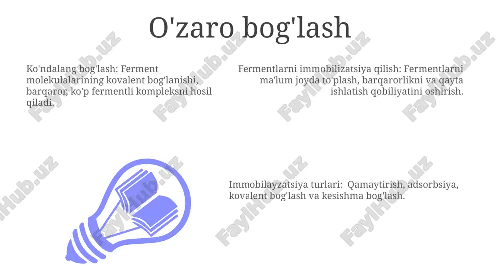uchun texnikalar. sanoat ilovalari: fermentlar oziq-ovqat, farmatsevtika va bioyoqilg'i kabi turli sohalarda keng qo'llaniladi. fermentlarni immobilizatsiya qilish printsiplari add text add text add text add text add text add text immobilizatsiya turlari adsorbsiya, kovalent bog'lanish, tutish va kapsulyatsiya. fermentlar muhandisligi fermentlarni faollik, barqarorlik va o'ziga xoslik kabi xususiyatlarini yaxshilash uchun o'zgartiradi. fermentlarni immobilizatsiya qilish fermentlarni tayanchga biriktirishni o'z ichiga oladi, bu esa ularni qayta ishlatish va barqarorlikni ta'minlaydi. fermentlar muhandisligining ahamiyati. 01 02 03 fermentlarni immobilizatsiya qilish: fermentlarni biror taglikka mahkamlash texnikalari, bu ularning barqarorligini va qayta ishlatilishini oshiradi. biotexnologiyadagi roli: fermentlar biojarayonlarda asosiy katalizatorlar bo'lib, dori-darmonlarni ishlab chiqarish, bioremediatsiya va oziq-ovqat ishlab chiqarishga hissa qo'shadi. fermentlar muhandisligi ahamiyati: sanoatda ferment xususiyatlarini yaxshilash. sales 1st qtr 2nd qtr 100 0 sales 1st qtr 2nd qtr 100 0 sales 1st qtr 2nd qtr 100 0 tibbiy qo'llanmalar fermentlarni immobilizatsiya qilish: qayta ishlatish va barqarorlik uchun tayanchlarga biriktirilgan fermentlar. immobilizatsiya turlari: kovalent …