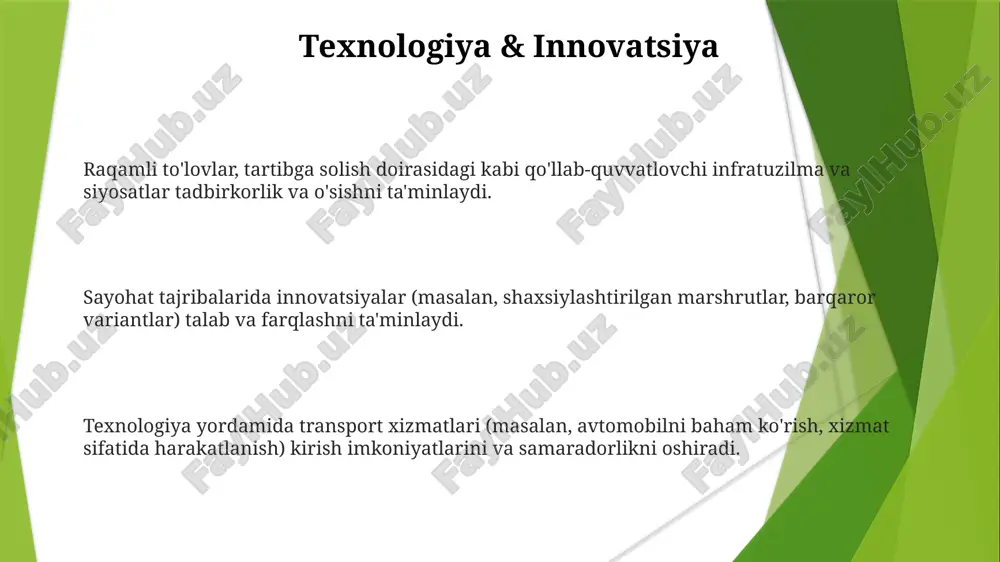 tlari turizmning atrof-muhitga ta'sirini kamaytiradi. ijtimoiy korxonalar ish o'rinlari yaratishi va mahalliy jamoalarni kuchliroq qilishi mumkin. innovatsion transport xizmatlari sayyohlar tajribasini yaxshilaydi. marketing va reklama maqsadli sayyoh guruhlariga moslashtirilgan marketing kampaniyalari o'tkazing. onlayn platformalar va sayyohlik agentliklaridan ko'proq ko'rinish uchun foydalaning. raqobatbardosh narxlar, noyob tajribalar va a'lo darajadagi mijozlarga xizmat ko'rsatish. e'tiboringiz uchun rahmat @taqdimot_robot