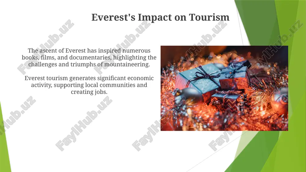 s like edmund hillary and tenzing norgay made history reaching the summit. the impact of climate change economic disruptions from climate-related events affect jobs and livelihoods. rising sea levels and extreme weather threaten coastal communities and tourism. the future of everest tourism the everest tourism industry is a source of revenue and employment for nepal. climate change and overcrowding are major challenges to everest tourism. thank you for your attention @taqdimot_robot image1.jpg image2.jpg image3.jpg image4.jpg image5.jpg image6.jpg image7.jpg image8.jpg image9.jpg image10.jpg image11.jpg image12.jpg image13.jpg image14.jpg image15.jpg image16.jpg image17.jpg