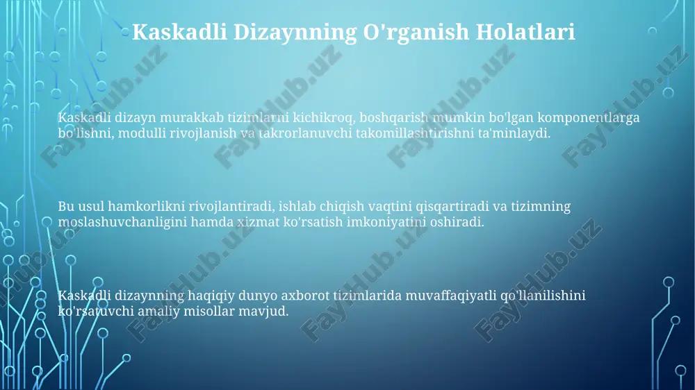 irish: dizayn vazifalarini avtomatlashtirish, samaradorlik va izchillikni oshirish. xulosa kaskadli dizayn usuli murakkab axborot tizimini kichik, boshqarish mumkin bo'lgan modullarga tizimli ravishda ajratib chiqadi. bu yuqoridan pastga yondashuvni ilgari suradi, umumiy tizim talablarini belgilash bilan boshlanadi va keyingi bosqichlarda tafsilotlarni asta-sekin takomillashtiradi. bu usul modulli rivojlanishga imkon beradi, bu esa amalga oshirishni, sinovdan o'tkazishni va texnik xizmat ko'rsatishni osonlashtiradi. kaskad dizayn usulining kamchiliklari. foydalanuvchi ehtiyojlarini qondirmaydigan tizimni etkazib berish xavfi. o'zgaruvchan talablarga moslashish qiyin. to'liq oldindan rejalashtirishni talab qiladi, bu esa qiyinchiliklarga olib kelishi mumkin. kaskad dasturlash usulining bosqichlari amalga oshirish: kod yozish, sinash va tizim komponentlarini integratsiya qilish. tizim talablarini tahlil qilish: tizim maqsadlarini, foydalanuvchi ehtiyojlarini va cheklovlarini aniqlash. tizim talablarini tahlil qilish: tizim maqsadlarini, foydalanuvchi ehtiyojlarini va cheklovlarini aniqlash. joriy etish va amalga oshirish foydalanuvchilarni o'qitish, ma'lumotlarni ko'chirish va tizimni ishga tushirishga e'tibor qaratilgan. tizimni maqsadli muhitga o'rnatish va sozlashni amalga oshirish. kaskadli dizayn usuli murakkab tizimni kichik, …