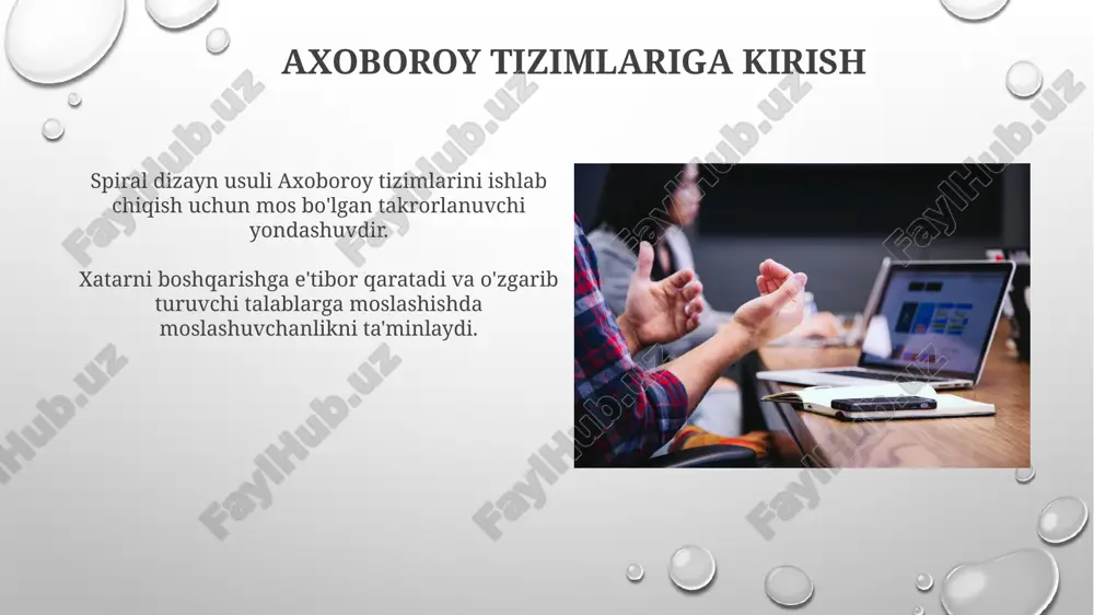 yada prototiplar sinovdan o'tkazilib, jarayonning ajralmas qismi hisoblanadi. spiral modelning iterativ xususiyati kamchiliklarni erta aniqlash va tuzatishga imkon beradi, bu esa umumiy xavfni kamaytiradi. xulosa va asosiy xulosalar spiral dizayn iterativ va xatarga yoʻnaltirilgan boʻlib, moslashuvchanlik va erta xatarlarni bartaraf etish imkonini beradi. murakkab, keng ko'lamli tizimlar uchun mos, bu yerda talablar o'zgarib turadi va xavflarni boshqarish eng muhim omil hisoblanadi. e'tiboringiz uchun rahmat @taqdimot_robot image3.png image4.jpg image5.jpg image6.jpg image7.jpg image8.jpg image9.jpg image10.jpg image11.jpg image12.jpg image13.jpg image14.jpg image15.jpg image16.jpg image17.jpg image18.jpg image1.png