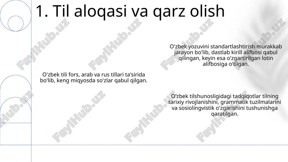 translate to uzbek in latin script. i'll be happy to help! terminologiya va texnik yozuv: o'zbek tilidagi hujjatlarni aniq va ravshan qilish. o'zbek tilshunosligi: yozuvli tahlil orqali o'zbek tilining nozik tomonlari va murakkabliklarini o'rganish. uzbek tilida murakkab tilshunoslik tushunchalarini samarali yetkazishdagi qiyinchiliklarni o'rganish. 10. terminologiya va texnik yozuv hisoblash lingvistikasi va nlp: inson tilini tahlil qilish va qayta ishlash uchun hisoblash usullarini ishlab chiqishga qaratilgan. o'zbek lingvistikasida yozuv muammolari: o'zbek tilida matn yozish va tahrirlashdagi qiyinchiliklar va eng yaxshi amallarni o'rganadi. o'zbek tili: asosan o'zbekiston va uning atrofidagi hududlarda gaplashiladigan turkiy til. 11. kompyuter lingvistikasi va nlp o'zbek tilidagi yozuv tizimlari rivojlanib, 1993 yilda kirill alifbosi lotin alifbosi bilan almashtirildi. oʻzbek tilida mintaqaviy lahjalarning sezilarli farqi bor, bu talaffuzga, lug'atga va grammatikaga ta'sir qiladi. o'zbek tilshunosligidagi muammolar yozuv tilini standartlashtirish va lahjalarni hujjatlashtirish va saqlash bilan bog'liq qiyinchiliklarni hal qilishni o'z ichiga oladi. 12. lahja variantlari e'tiboringiz uchun rahmat @taqdimot_robot …