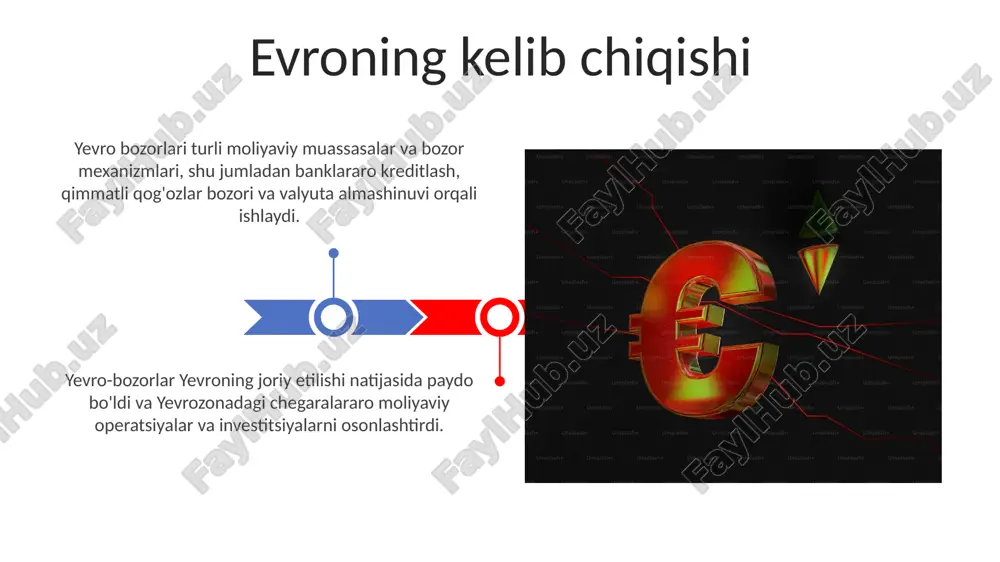 dan yevroni pul birligi sifatida qabul qilinishi demakdir. yevro bozorlari yevroni qabul qilgan mamlakatlarda, ko'pincha parallel aylanish yoki bog'langan tizimlar kabi norasmiy mexanizmlar orqali paydo bo'lmoqda. yevro-denominatsiyali obligatsiyalar va qimmatli qog'ozlar 1960-yillarda yevro valyutasidagi moliyalashtirishga bo'lgan talabning o'sishi natijasida yevro bozorlari paydo bo'ldi. evro bozorlari qarz oluvchilar va investorlar uchun pastroq qarz olish narxlari va katta moslashuvchanlik kabi afzalliklarni taklif etadi. valyuta almashinuvi va savdosi yevro-bozorlar 1960-yillarda samarali va moslashuvchan xalqaro moliyaviy tizimga bo'lgan ehtiyoj tufayli paydo bo'lgan. yevro bozorlari deregulatsiya, raqobat va innovatsiya tamoyillariga asoslanadi, bu esa butun dunyo bo'ylab qarz oluvchilarni ham, qarz beruvchilarni ham jalb qiladi. yevro bozorlarining kelajagi: trendlar va qiyinchiliklar yevro bozori paydo bo'lishi yevrozonada chegaralararo operatsiyalarni, kapital oqimlarini va moliyaviy innovatsiyalarni osonlashtirdi. yevro bozori o'sishi yevropa mamlakatlari o'rtasidagi savdo, investitsiya va moliyaviy integratsiyaning kuchayishi bilan bog'liq. e'tiboringiz uchun rahmat @taqdimot_robot image4.jpg image5.jpg image6.jpg image7.jpg image8.jpg image9.jpg image10.jpg image11.jpg image12.jpg image13.jpg image14.jpg image15.jpg image16.jpg image17.jpg …