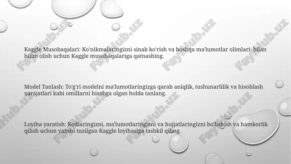 kod yozing va bajarishni amalga oshiring, keyin natijalarni tahlil qiling va topilmalarni baham ko'ring. loyiha tanlash ma'lumotlaringizni o'rganing, tahlil qiling va tasavvur qiling, bilimlarga ega bo'ling. yangi daftarcha yarating va ma'lumotlaringizni yuklang. qiziqishlar va ko'nikmalaringizga mos loyihani tanlang. ma'lumotlarni tadqiq qilish tahlili (mdqt) ma'lumotlarni tahlil qilish va ma'lumotli vizualizatsiyalar yaratish uchun jupyter notebook yoki rstudio dan foydalaning. ma'lumotlar to'plamingizni vizualizatsiya va statistik xulosalar yordamida tahlil qilib, naqshlarni, o'zaro bog'liqliklarni va anomaliyalarni aniqlang. sizni qiziqtirgan ma'lumotlar to'plamini tanlang, yadro yarating va kaggle jamoasi bilan o'z fikrlaringiz va topilmalaringizni baham ko'ring. model joylashtirish kaggle'da loyiha yaratish: ma'lumotlar fani tanlovlari va hamkorliklar uchun platforma, loyiha boshqaruvi, ma'lumotlar tahlili va model ishlab chiqish vositalarini taklif etadi. kaggle loyihalari: ishingizni tashkil qiling, taraqqiyotingizni kuzatib boring va natijalaringizni kaggle jamoasi bilan baham ko'ring. modelni joylashtirish: o'qitilgan modelni dasturlar yoki tizimlarda foydalanish uchun tayyorlash. kaggle ma'lumotlar to'plamlari kaggle ma'lumotlar to'plamlari mashina o'rganish va ma'lumotlar fanlari loyihalari uchun …