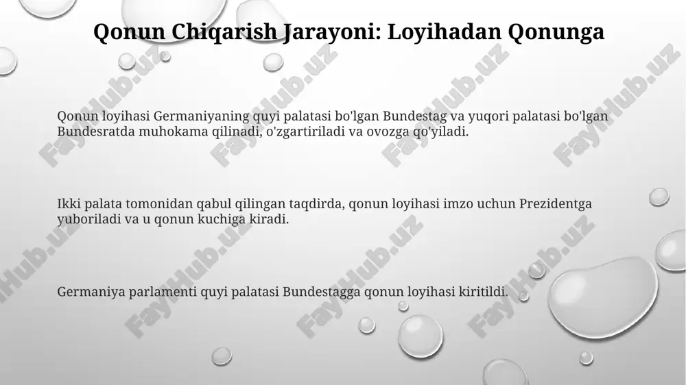 artiyalar va partiya tizimi germaniya ko'p partiyali tizimga ega bo'lib, koalitsiya hukumatlariga katta e'tibor qaratadi. germaniyada uchta asosiy siyosiy partiya bor: xristian demokratik ittifoqi (cdu), sotsial-demokratik partiya (spd) va yashil partiya. germaniya federativ respublikasi parlament respublikasi tizimiga ega va federal tuzilishga ega. federalizm: ittifoq va viloyatlar o'rtasida hokimiyatni bo'lishish federalizm hokimiyatni federal hukumat (bund) va 16 ta shtat (länder) o'rtasida taqsimlaydi. bundestag (quyi palata) va bundesrat (yuqori palata) federal qonun chiqaruvchi organni tashkil qiladi. bundestag tomonidan saylangan kanzler federal ijroiya hokimiyatini boshqaradi. mahalliy hokimiyat: shahar va tumanlar germaniyada kommunalar mahalliy boshqaruvning asosiy darajasi bo'lib, ta'lim, chiqindi boshqarish va jamoat transporti kabi xizmatlar uchun javobgardir. viloyatlar bir nechta shahar va qishloqlarni qamrab oluvchi yirik ma'muriy birlik bo'lib, mintaqaviy rejalashtirish va ijtimoiy farovonlik kabi vazifalarni bajaradilar. ham shaharlar, ham tumanlar saylanadigan kengashlarga va ijro etuvchi organlarga ega bo'lib, mahalliy vakillik va demokratik boshqaruvni ta'minlaydi. sudya tizimi: tuzilishi va vazifalari germaniya hukumati federal …