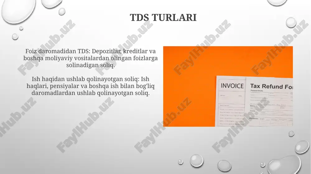 sh joylari hujjat yuritish, tds deklaratsiyasini topshirish va o'z vaqtida to'lovlar kabi komplyans talablariga duch keladi, bu esa ma'muriy ish yukini oshiradi. naqd pul oqimini boshqarish: tds chegirmalari naqd pul oqimiga ta'sir qiladi, bizneslarni majburiyatlarini bajarish va likvidlikni saqlab qolish uchun mablag'larni samarali rejalashtirish va boshqarishni talab qiladi. tds stavkalari tds stavkasi: manba'da ushlab qolinishi kerak bo'lgan daromadning foizi, daromad manbai va to'lovchining maqomiga qarab o'zgaradi. tds chegirmasi: maosh, foiz, ijara va professional xizmat haqlarini o'z ichiga olgan turli xil daromadlarga tatbiq etiladi. tds jazosi tds jazosi: agar siz tds ni to'g'ri ushlab qolmasangiz yoki noto'g'ri ushlab qolsangiz, siz jazo olishingiz mumkin. manba bo'yicha ushlab qolinuvchi daromad solig'i (tds): sizning daromadingiz to'lovlaridan to'lovchi (masalan, ish beruvchi, bank) tomonidan to'g'ridan-to'g'ri ushlab qolinuvchi soliqlar. tds nima? tds va itws ikkalasi ham hukumatning shaxslar va tashkilotlardan daromad solig'ini o'z vaqtida va samarali tarzda yig'ish mexanizmlari hisoblanadi. tds deganı, manba'da to'lanadigan soliq, to'lovchi tomonidan …