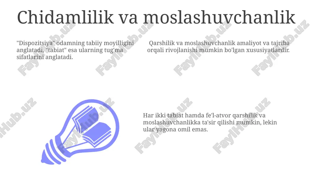 qtr 100 0 sales 1st qtr 2nd qtr 100 0 sales 1st qtr 2nd qtr 100 0 aqliy qobiliyatlar tabiat: tanib olish qobiliyatlari va moyilliklariga ta'sir etuvchi irsiy biologik omillarni o'z ichiga oladi. aqliy qobiliyatlar: aql, xotira, diqqat va muammolarni hal qilish qobiliyatlarini o'z ichiga oladi. dispozitsiya: shaxsiyat xususiyatlari, munosabatlar va motivlarni anglatadi. erta tajribalar muhimligi erta tajribalar miyaning asosiy rivojlanishini shakllantiradi, shaxsiyat va idrok qobiliyatlariga ta'sir qiladi. tug'ma moyilliklar, shu jumladan temperament va genetik omillar, xulq-atvor va shaxsiyatdagi individual farqlarga hissa qo'shadi. tug'ma moyilliklar, shu jumladan temperament va genetik omillar, xulq-atvor va shaxsiyatdagi individual farqlarga hissa qo'shadi. ta'lim uchun oqibatlari turli xil iste'dodlar, qiziqishlar va qobiliyatlarni tanib olish va rivojlantirish. shaxsiy rivojlanishni rag'batlantiradigan, inklyuziv va qo'llab-quvvatlovchi o'quv muhitlarini yaratish. shaxsiy o'rganish uslublarini tushunish va ta'limni unga moslashtirish. tanlov kuchı tanlov kuchi bizning harakatlarimiz va natijalarimizni nazorat qilishimizni anglatadi. tabiat bizning xulq-atvorimizni shakllantiradigan genetik moyilliklar va biologik omillarni o'z ichiga …