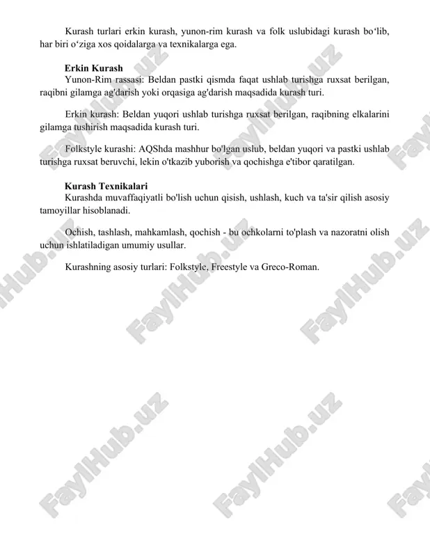 in kurashdan tortib greko-rim kurashigacha bo'lgan bu noyob shakllar sportchilarga noyob qiyinchiliklar va jismoniy ustunlikning hayajonini, g'alabaning qoniqishini taqdim etadi. foydalanilgan adabiyotlar here are the translations of the book descriptions in uzbek using latin script: 1. **"kurash: tarix va qo'llanma" by charlz panza.** bu kitob turli kurash turlarining, shu jumladan, musobaqa kurashining tarixi va texnikasini batafsil tushuntiradi. 2