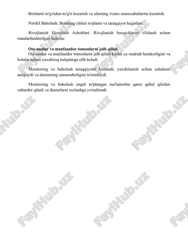 ltiradi. xulosa maktabgacha ta'limda samarali monitoring va baholash kuchli tomonlarni, kamchiliklarni va takomillashtirish yo'llarini aniqlashda muhim ahamiyatga ega foydalanilgan adabiyotlar 1. **milliy erta ta'lim tadqiqot instituti (nieer). (2023). erta bolalik ta'limi monitoringi va baholash. https://nieer.org/resources/monitoring-and-evaluation-in-early-childhood-education/ manbaasidan olingan.** 2. **ta'lim va o'qitish departamenti (det). (2021). erta bolalik ta'limi monitoringi va baholash doirasida. https://www.det.vic.gov.au/childhood/early-childhood-education/monitoring-and-evaluation-framework-for-early-childhood-education manbaasidan olingan.** 3. **jahon banki. (2020)