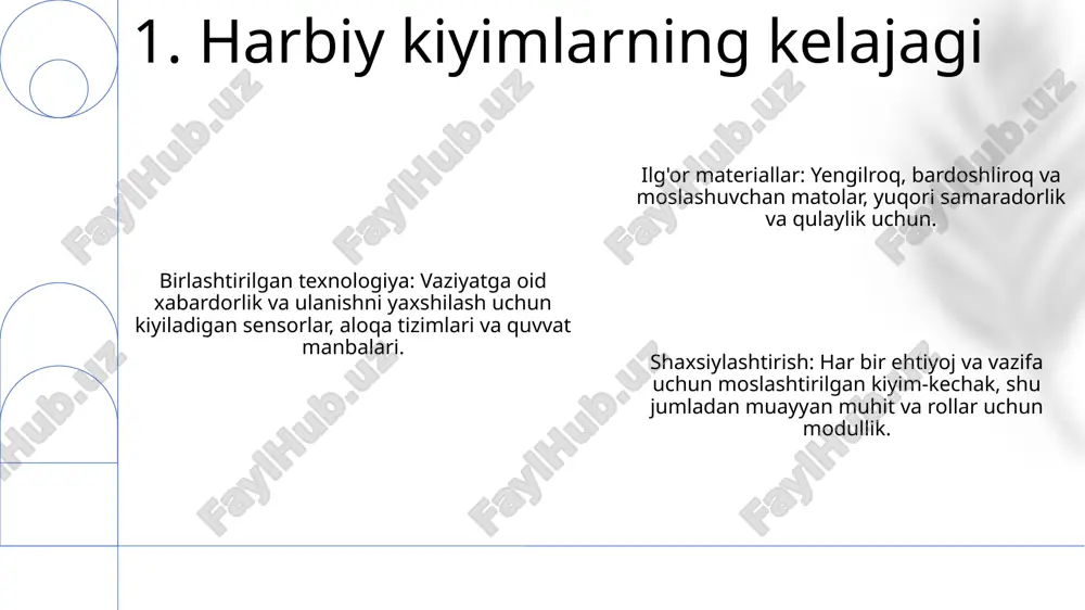 kabi maxsus tadbirlar uchun kiyiladi. harbiy kiyimlar jangda amaliylik va funktsionallik uchun mo'ljallangan. marosim kiyimlari ko'pincha bezakli tafsilotlar va an'anaviy elementlarga ega. 11. tantana kiyimlari ular odatda bardoshli, ob-havo ta'siriga chidamli materiallardan tayyorlanadi va kamuflyaj naqshlarini o'z ichiga oladi. harbiy kiyim-kechaklar xizmatchilarni aniqlash, bo'linma birligini mustahkamlash va g'urur uyg'otishga xizmat qiladi. jang kiyimlari jang vaziyatlarida himoya va funktsionallik uchun mo'ljallangan. 12. jang kiyimlari e'tiboringiz uchun rahmat @taqdimot_robot image1.png image2.png image3.png image4.png image5.png image6.png image7.png image8.png image9.png image10.png image11.png image12.png image13.png