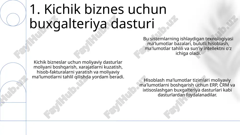 tarqalgan ais dasturlari orasida quickbooks, xero va sap mavjud bo'lib, ular hisob-faktura, ish haqi va moliyaviy hisobotlar kabi xususiyatlarni taklif qiladi. ma'lumot: hisob-kitob axborot tizimlari (hat) qaror qabul qilish uchun moliyaviy ma'lumotlarni yig'adi, qayta ishlaydi va hisobot beradi. 10. hisoblash ma'lumotlar tizimlari kirish ishlayotgan texnologiyalar: ma'lumotlar bazasini boshqarish, bulutli hisoblash, ma'lumotlar tahlili va foydalanuvchi interfeyslari keng qo'llaniladi. hisob-kitob axborot tizimlari dasturi: hisob-kitob ma'lumotlarini boshqaradi, faktura va ish haqi kabi jarayonlarni avtomatlashtiradi va moliyaviy hisobotlarni yaratadi. moliyaviy boshqaruv dasturi: moliyaviy ma'lumotlarni kuzatadi, vazifalarni avtomatlashtiradi va yaxshiroq qaror qabul qilish uchun tushunchalar beradi. 11. moliyaviy boshqaruv dasturi bul sistemalar moliyaviy ma'lumotlarni qayta ishlash, saqlash va tahlil qilish uchun bulutli hisoblash, sun'iy intellekt va ma'lumotlar tahlili texnologiyalaridan foydalanadilar. texnologiya hisob-kitoblarda vazifalarni avtomatlashtiradi, aniqlikni oshiradi va samaradorlikni yaxshilaydi. quickbooks, xero va sage kabi dasturlar moliyaviy boshqaruvni soddalashtiradi. 12. texnologiyaning buxgalteriya jarayonlaridagi rolı hisobga olish axborot tizimi dasturi: moliyaviy operatsiyalarni kuzatadi, hisobotlar yaratadi, samaradorlikni oshiradi. …