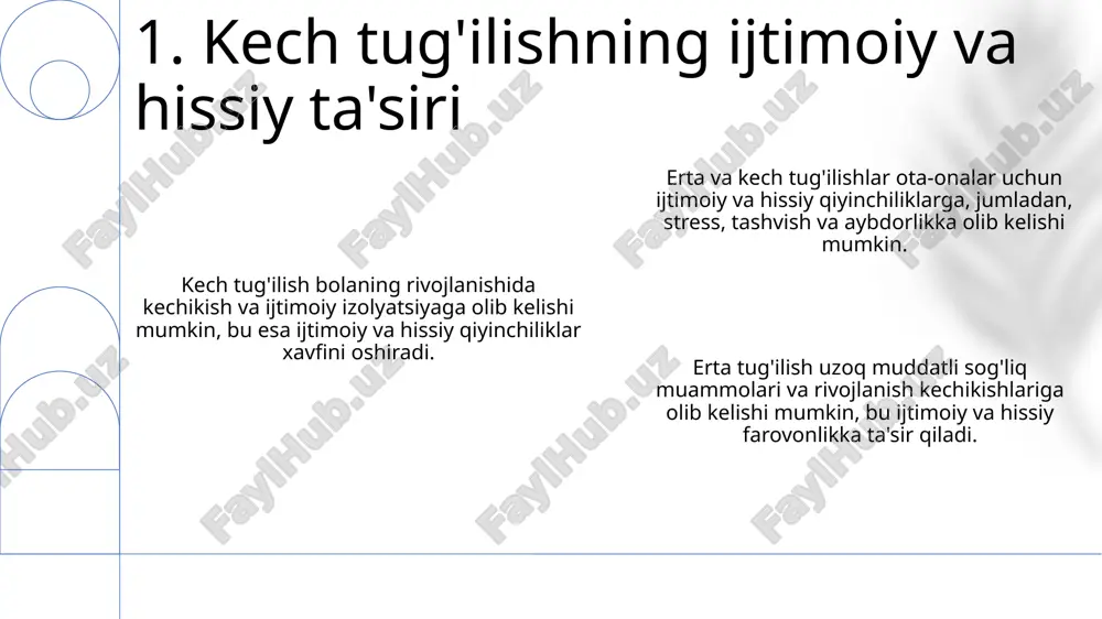 i va tug'ruq paytida asoratlar xavfini oshirish bilan bog'liq. 10. erta tugʻilishning ijtimoiy va hissiy ta'siri neonatal intensiv terapiya bo'limlariga bo'lgan resurslar bosimi. kasalxonalarda uzoqroq yotish va mumkin bo'lgan asoratlar tufayli sog'liqni saqlash xarajatlarining oshishi. erta tug'ilgan chaqaloqlarda rivojlanish kechikishlari va sog'liq muammolari xavfi. 11. erta va kech tug'ilgan bolalarni sog'liqni saqlash tizimiga ta'siri toʻliq muddatli tugʻilish: odatda tugʻruq uchun eng xavfsiz vaqt, asoratlar xavfi past. tug'ilish muddatidan keyingi: o'lik tug'ilish, tug'ruq asoratlari va bolaning sog'lig'i bilan bog'liq muammolar xavfi yuqori. erta tug'ilish: nafas olish muammolari, rivojlanishdagi kechikishlar va uzoq muddatli sog'liq muammolari xavfini oshiradi. 12. kech tug'ilish bilan bog'liq tibbiy xavflar kech tug'ilish: muddatdan keyingi homiladorlik (42 hafta yoki undan ko'p), ona sog'lig'i muammolari, katta chaqaloq hajmi, platsenta muammolari va genetik omillar. erta tug'ilish: homiladorlikning 37 haftasidan oldin tug'ilgan bolalar erta tug'ilgan hisoblanadi. erta tug'ilish: suv ketishi, infektsiyalar, ko'p homiladorlik, surunkali kasalliklar, chekish, spirtli ichimliklar va giyohvand moddalarni iste'mol …