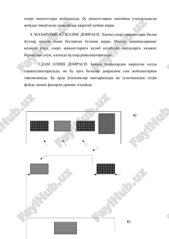 ardagi amalietni, xamda nazariy ishlarni takkoslab kuydagi jamlangan sport xududini taksimlash tavsiya etiladi. 1.sport inshokatlari: (ob'emniy) xajimli. 10-20% (ploskostniy) tekislik 15-25% 2.yulaklar, piedalar yuli. taksimlash maydoni. 10-15% 3.xujalik doirasi. 2-5% 4.kukalamzor 40-60% eslatma: sport inshoatlarning xar-bir guruxiga kukalamzor kurishi shart. foydalanilgan adabiyotlar ro'yxati 1. goroxov. v.a. luns l.b., rostorguv o. injenernoe blagoustroystva gorodskix territoriy. m. sroyizdat.1985. 2. bogovaya i.o., teodoronskiy v.s. «ozelenenie naselennix mest». m.»agropromizdat». 1990. 3. luns l.b. «gorodskoe zelennoe stroitelstvo. m. 1996. 4. konseptsiya razvitsiya gradostroitelstva uzbekistana v usloviyax 5. formirovaniya novix sotsialno-ekonomicheskix otnosheniy. t, tasi 2008 6. www.edu.ru 7. www.som.pu.ru a) b) a)cheklangan, (perimetralnaya) b)bulib-bulib joylashtirilgan, (rassredotochennnaya) v)gurux-gurux eki guruxsimon. (gruppovaya) v) namoyish utkaziladigan doira ukuv mashgulot doirasi ma'muriy-xujalik doirasi