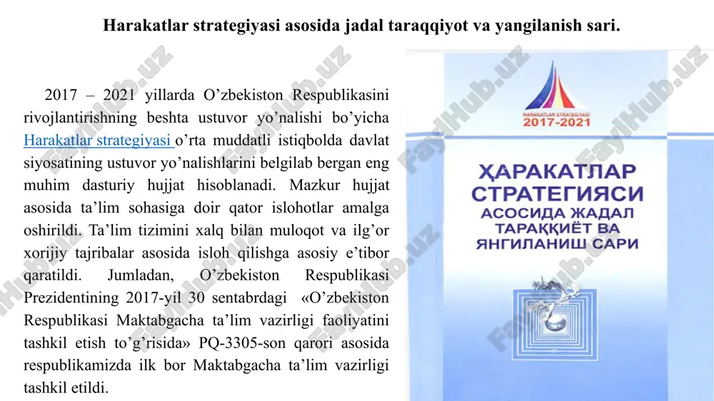 maktabgacha ta’lim muassasalari rahbar va pedagog kadrlarini qayta tayyorlash va malakasini oshirish; 5 taraqqiyot strategiyasida ta’lim sohasidagi islohotlar. mamlakatimizni 2017 — 2021-yillarda rivojlantirishning beshta ustuvor yo‘nalishi bo‘yicha harakatlar strategiyasi doirasida o‘tgan davr mobaynida davlat va jamiyat hayotining barcha sohalarini tubdan isloh etishga qaratilgan 300 ga yaqin qonun, 4 mingdan ziyod o‘zbekiston respublikasi prezidenti qarorlari qabul qilindi. o‘zbekiston respublikasi prezidentining 2022-yil 28-yanvardagi pf-60-son 2022 - 2026-yillarga mo‘ljallangan yangi o‘zbekistonning taraqqiyot strategiyasi to‘g‘risidagi farmonning to’rtinchi maqsadi “adolatli ijtimoiy siyosat yuritish, inson kapitalini rivojlantirish” deb nomlanib uning 37-maqsad: har bir fuqaroga davlat hisobidan aniq kasb-hunarga o‘qish imkoniyatini yaratish. kasbga o‘qitish ko‘lamini 2 baravar oshirib, jami 1 million nafar ishsiz fuqaroni kasb-hunarlarga o‘qitish va bu jarayonda nodavlat ta’lim muassasalarining ishtirokini 30 foizga yetkazish. kasbiy ta’lim bilan tizimli ravishda shug‘ullanish masalalarini to‘liq ravishda bandlik va mehnat munosabatlari vazirligi ixtiyoriga o‘tkazish. kasbga o‘qitish ko‘lamini 2 baravarga oshirish, jami 1 million nafar ishsiz fuqarolarni kasb-hunarga o‘qitish. umumta’lim …