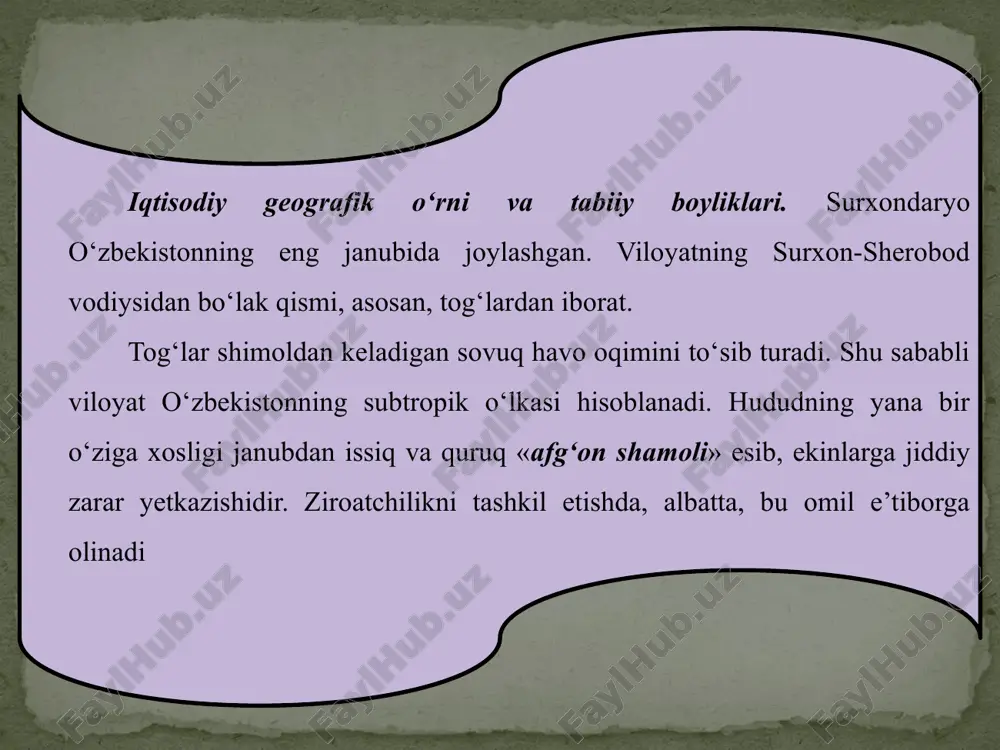 jadal ketmoqda. hozirda xovdog‘, uchqizil, lalmikor va kakaydi yaqinida neft va gaz konlari ishlab turibdi. o‘zbekistondagi uchta yirik ko‘mir konining ikkitasi surxondaryodadir (sharg‘un va boysun ko‘mir konlari). bu konlardan sifatli ko‘mir olina-di. viloyatda yillik quvvati 900 ming tonna ko‘mir yetkazib beradigan zamonaviy yoqilg‘i kompleksi barpo etish rejalashtirilmoqda. shaharlari. termiz viloyatning ma’muriy hamda madaniy markazidir (aholi mavzusidan shahar aholi sonini aniqlang). u o‘rta osiyoning qadimiy shaharlaridan hisoblanadi. o‘tgan asr boshlariga qadar termiz harbiy va kichik chegara shahri edi. unda yarim hunarmandchilik holatidagi bittagina paxta tozalaydigan zavod bo‘lgan. hozirgi termiz obod shahar. amudaryo porti hamda temiryo‘l va avtomobil yo‘li qurilgach, shahar muhim transport tuguni bo‘lib qoldi. 1995-yilda termizda yangi zamonaviy aeroport qurildi. afg‘onistonga va u orqali boshqa davlatlarga chiqariladigan hamda xorijdan keltiriladigan yuklarning talay qismi termiz porti orqali o‘tadi. demak, termiz qishloq xo‘jalik xomashyosini qayta ishlovchi markaz hamda yirik daryo porti sifatida rivojlanmoqda. shaharda paxta tozalash zavodi, sut-yog‘, non va go‘sht kombinatlari, …