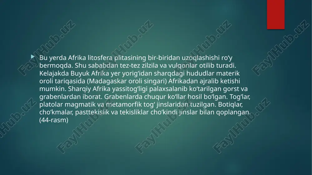 osforitlarga ham boy. fosforitdan o‘g‘it ishlab chiqariladi. asosiy konlar materik shimolida joylashgan. mashhur “mis mintaqasi” zambiya va kongo demokratik respublikasi chegara zonasida joylashgan. image1.jpeg image6.jpeg image7.png image2.png image3.png image4.png image5.png image8.png image9.png image10.png image11.png /docprops/thumbnail.jpeg