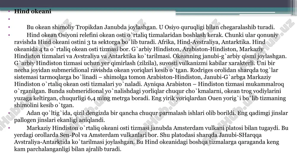 g`liq. qishda ular janubiy tropik zonada ham shakllanadi. madagaskar, maskaren orollari atrofida, okeanning g`arbiy qismida yiliga 8 martagacha dovullar yuzaga keladi. atmosfera va suv tsirkulyatsiyasi iqlimi zonalligiga bog`liq holda havo haroratining okean yuzsining xamma yerida qonuniy o`zgarib borishga bog`liq. maksimum yog`in ekvatorial zonani sharqiy qismlari 2,5 ming mmdan oshadi. shu qishda bulutlilik ham yuqori darajada. eng kam yog`in janubiy yarim sharning tropik rayonlarida kuzatilib, okean sharqiy qismlarida yog`ingarchilik kam. shimoliy yarim sharda yilning asosiy qismida arabiston dengizi ustida ochiq ob-havo kuzatiladi. antarktika suvlari ustida maksimum bulutlilik qayd etilgan. okeanning shimolida musson tsirkulyatsiyasi mavsumiy oqimlar almashinishiga olib keladi. qishda janubi-g`arbiy musson oqimlari bengaliya qo`ltig`ida xosil bo`ladi. 100 shimoliy kenglikdan janubda g`arbiy oqimga aylanadi. nikobar orollaridan to sharqiy afrika qirg`oqlarigacha okeanni kesib o`tadi. uni bir tarmog`i qizil dengizda, boshqasi janubga to 100 janubiy kenglikkacha boradi. so`ngra sharqiy yo`nalishga o`tadi. ekvatorial oqim qarshi oqimni shakllantiradi. bu oqim ham okeanni sumotra oroligacha kesib o`tadi …