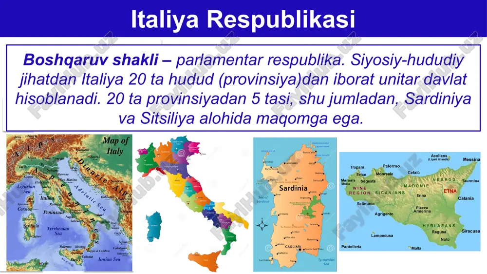 tida mashinasozlik (ayniqsa avtomobilsozlik va maishiy texnika ishlab chiqarish), kimyo, yengil va oziq-ovqat sanoatlari ajralib turadilar. mamlakat yengil avtomobil, motosikl, muzlatgich, velosiped, jun gazlamalari, kiyim-kechak, poyabzal, zaytun moyi, pishloq, vino, meva va tomat konservalari kabi mahsulotlarning jahondagi eng ko‘zga ko‘ringan eksportyorlaridan biridir. prv qishloq xo‘jaligi ko‘proq subtropik dehqonchilikka ixtisoslashgan. italiya yevropa va jahon miqyosida sitrus mevalari, uzum, pomidor va zaytun yetishtirish bo‘yicha alohida ajralib turadi. italiya respublikasi milliy iqtisodiyotning eng daromadli tarmoqlaridan biri turizm hisoblanadi, chunki yiliga italiyaga o‘rta hisobda 50 million xorijiy sayyohlar tashrif buyuradilar.turizmning bunday keng miqyosda rivojlanishiga italiyaning tabiiy iqlim sharoiti, tabiatining go‘zalligi va albatta, madaniy merosining boyligi xizmat qiladi. italiya respublikasi italiya respublikasi italiyaning rim, milan, neapol, venetsiya, florensiya, genuya, parma, piza, verona va boshqa shaharlari, chin ma’noda, “osmon ostidagi muzeylar” sifatida butun dunyoda mashhur. yunesko tomonidan tuzilgan butunjahon madaniy meros obyektlari ro‘yxatiga aynan italiyadagi tabiiy va tarixiy-madaniy yodgorliklar eng ko‘p kiritilgan. mustahkamlash italiya respublikasi yevropaning …
